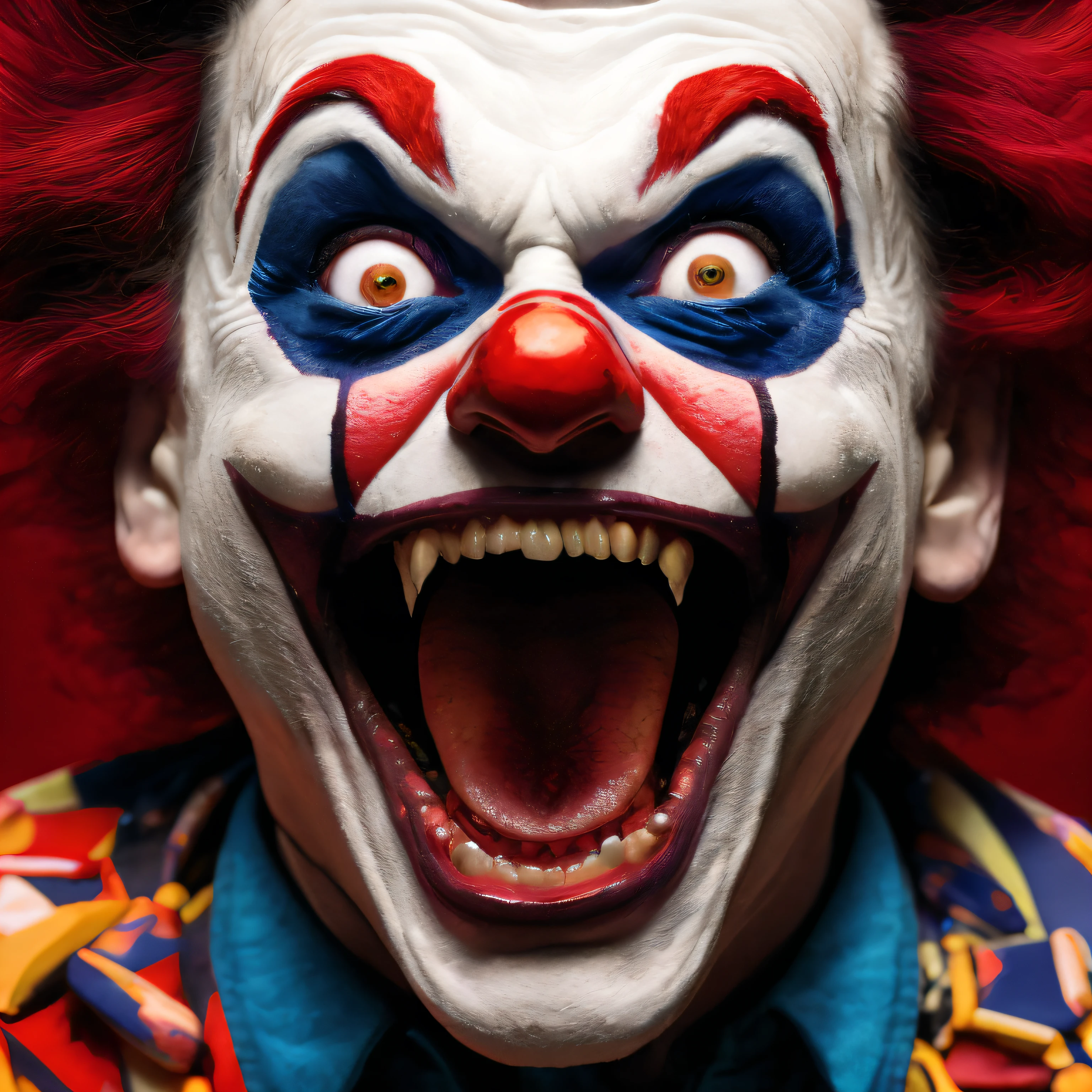 Cackling Madness An image capturing an evil clown mid-laughter, their head thrown back, mouth open wide, and eyes filled with madness, intensifying the sense of chaos and malevolence, Ultra realism, color field printing, high detail, UHD, 8k, anatomically correct, cinematic lighting 4d quality --auto