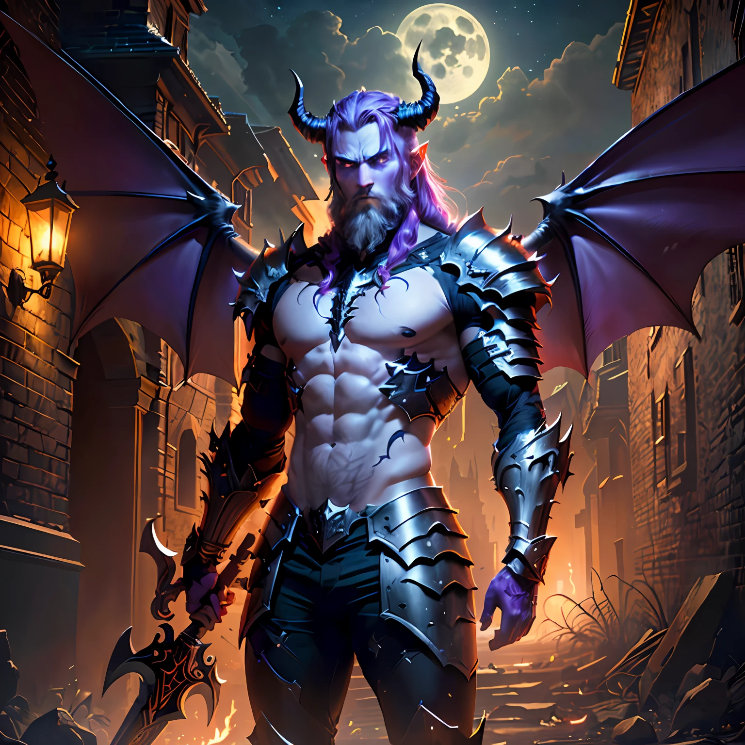 Batman from the dark knight stands imposing in a gothic lost city. Moonlight highlights your muscles and scars. The scenery is lush and mysterious, with futuristic tech and surroundings. The camera details everything, a warrior woman, in front of him.