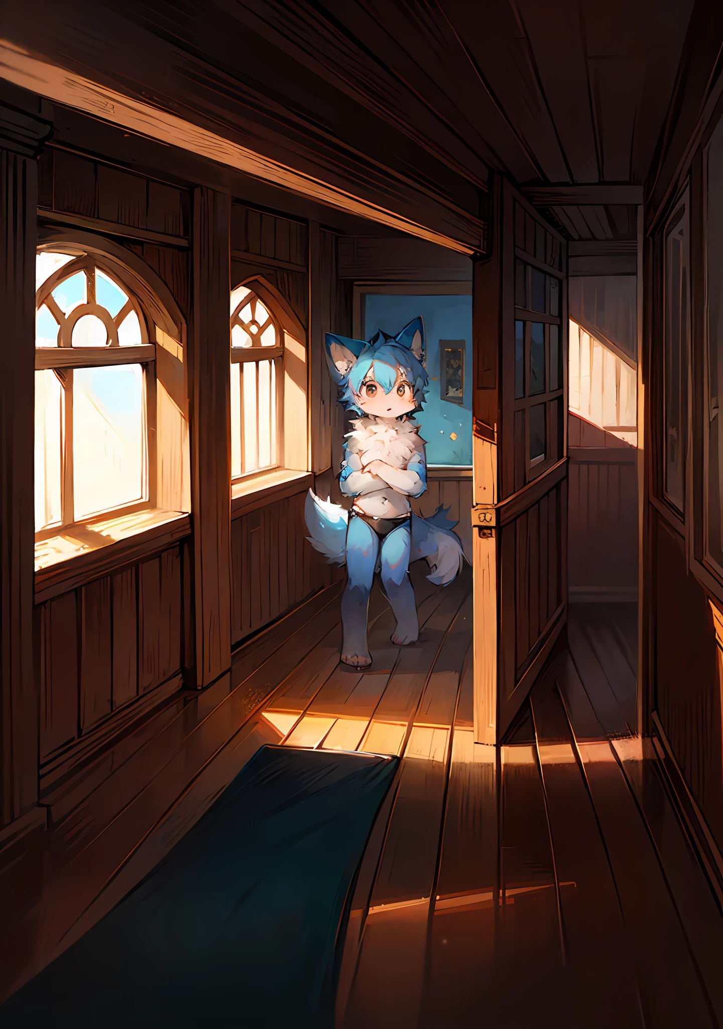 (Bright environment:1.0),巨作,High quality,abstract res,Digital painting\(artworks\), by Dagasi, Yupa,Kiyosan,(anthro,Fluffy fur,Character focus:1.1),anthro male cat,Short hair,Portrait , bright-eyed, the panorama, Character focus.(detailedbackground:0.7), 独奏, shaggy, Hairy male, Male focus,(Full Body Furry, Fluffy tail, Light blue fur, Black eyes, Pale blue hair), (long canines),(interiors,During the Day,Villas)