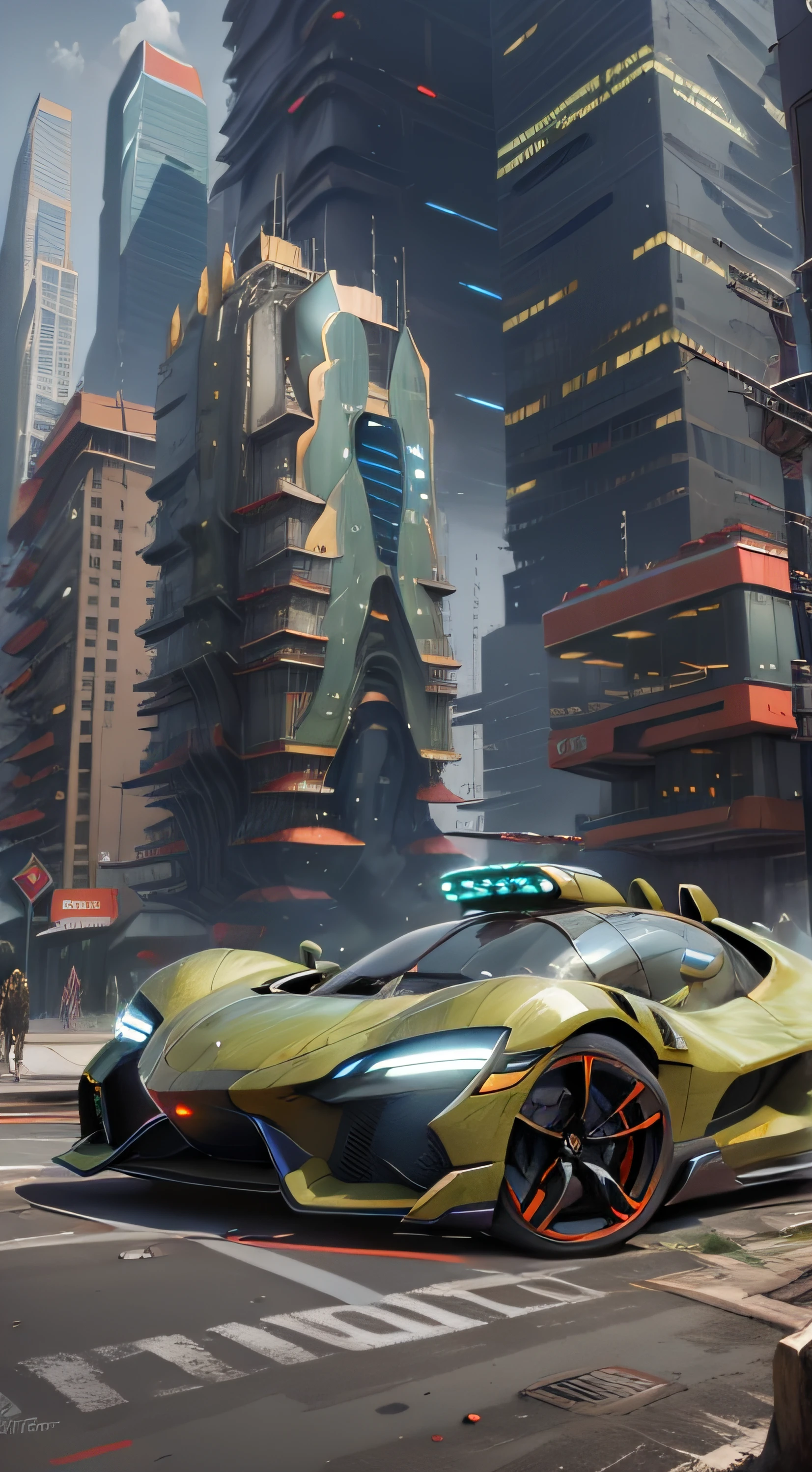 A futuristic sports car on the street of a futuristic city