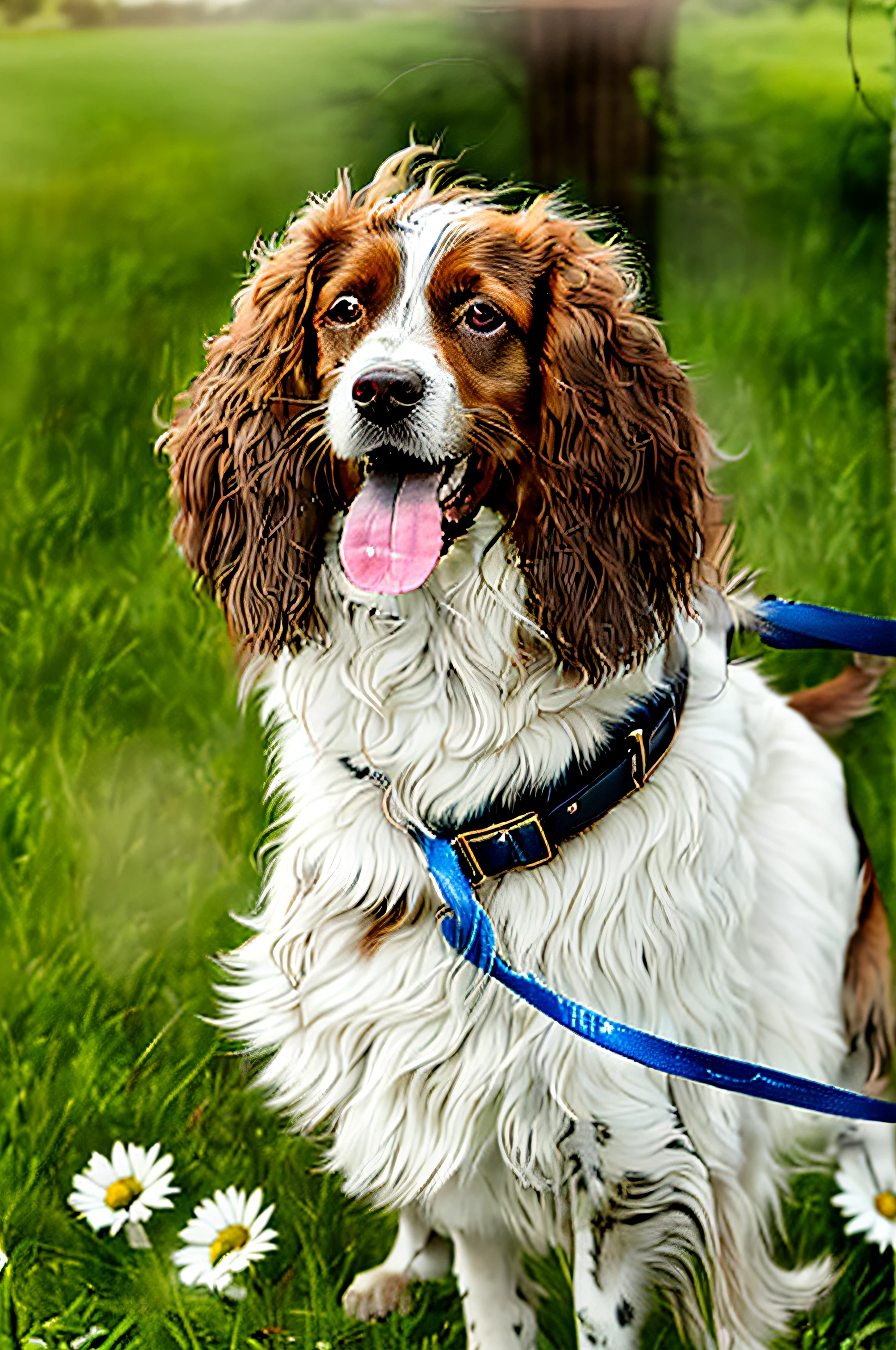 there is a dog that is standing in the grass with a leash, A handsome, is a stunning, happy dog, shiny crisp finish, pet animal, portrait shooting, Handsome, stunning visual, Clear detail, amazing detailed, proud look, bautiful, Daisies, adult dog, blinking, accurate and detailed, subtle detailing