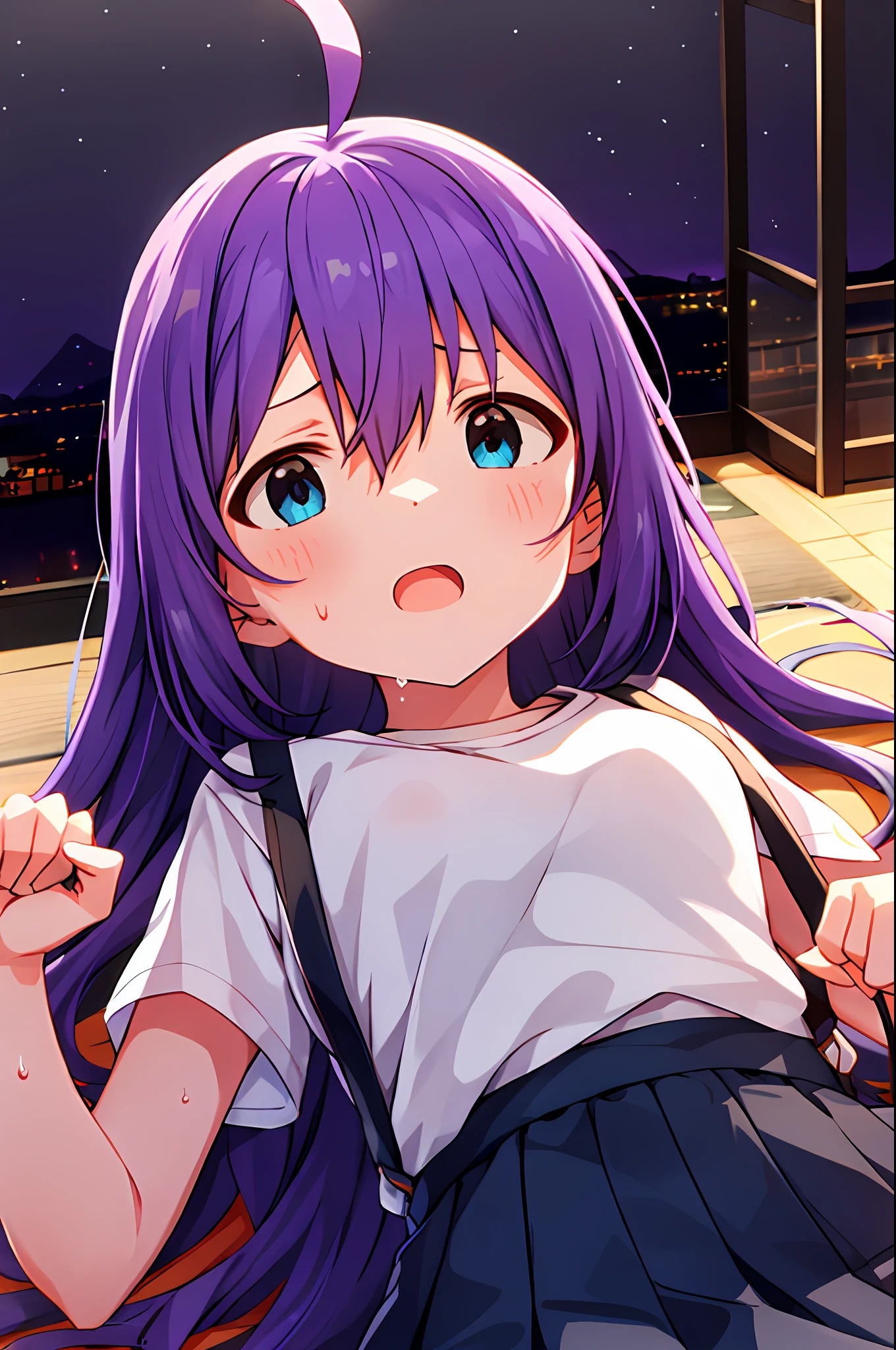 mochizuki anna,1girls,Solo,Long hair,Purple hair,Small_Ahoge,Blue eyes.Short stature.white t-shirts.suspenders.Skirt.Night view.Despair face.Clench your fists.lie on one’s side.Opening Mouth.Be proud.Sweat.