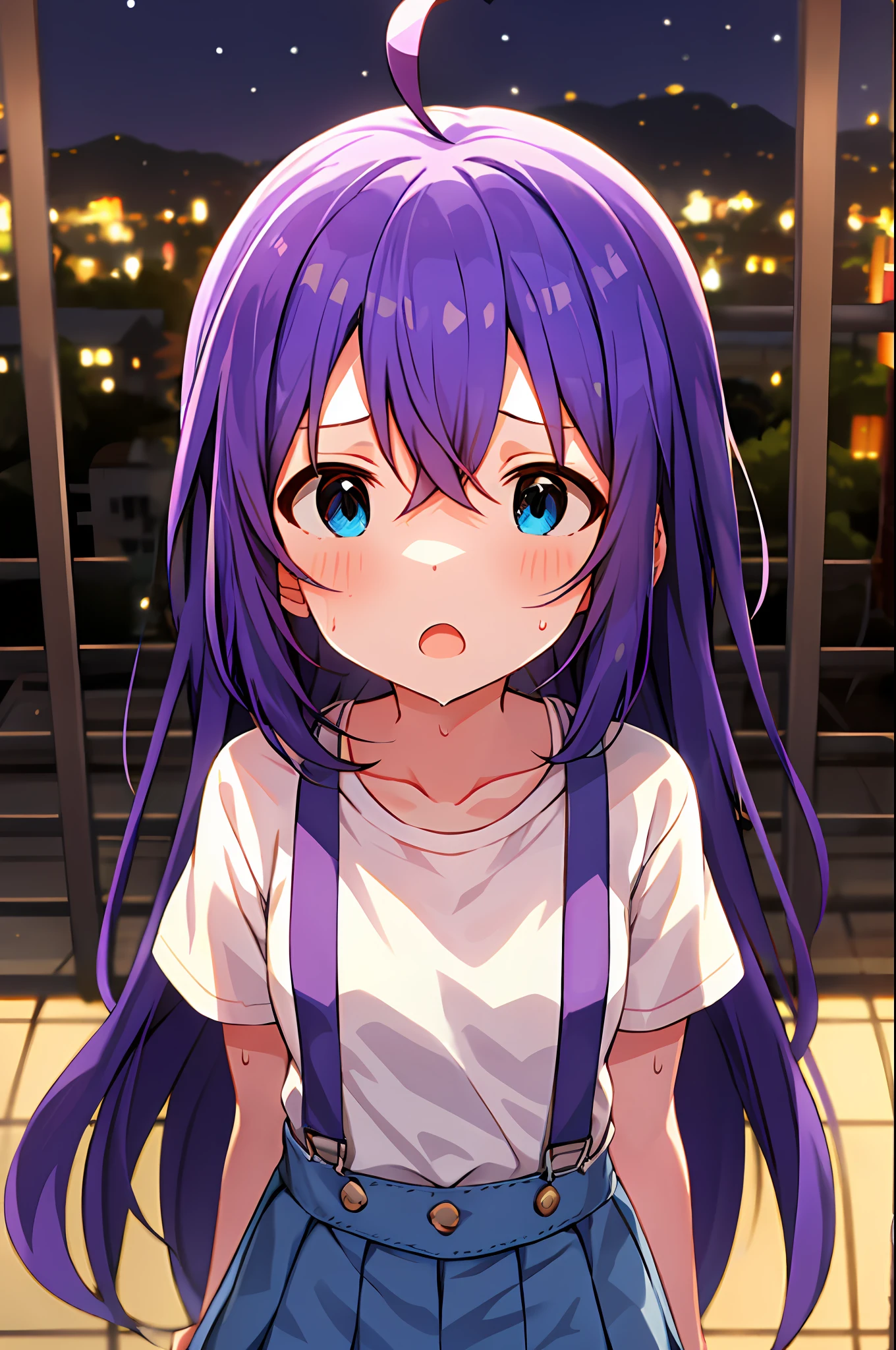 mochizuki anna,1girls,Solo,Long hair,Purple hair,Small_Ahoge,Blue eyes.Short stature.white t-shirts.suspenders.Skirt.Night view.Despair face.look from above.Opening Mouth.Be proud.Sweat.