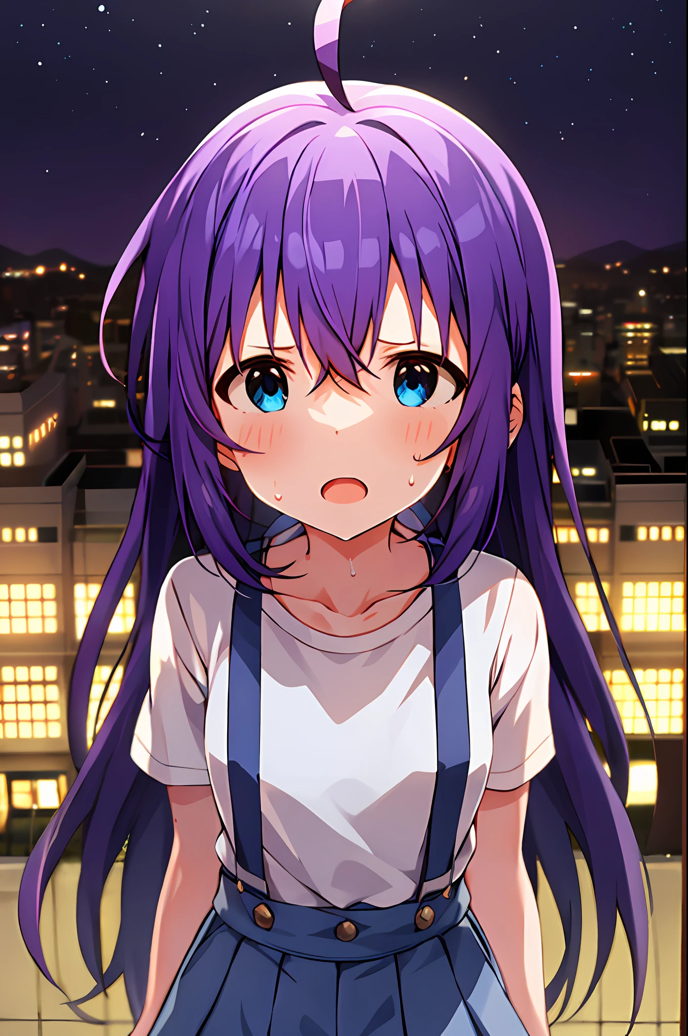 mochizuki anna,1girls,Solo,Long hair,Purple hair,Small_Ahoge,Blue eyes.Short stature.white t-shirts.suspenders.Skirt.Night view.Despair face.look from above.Opening Mouth.Be proud.Sweat.