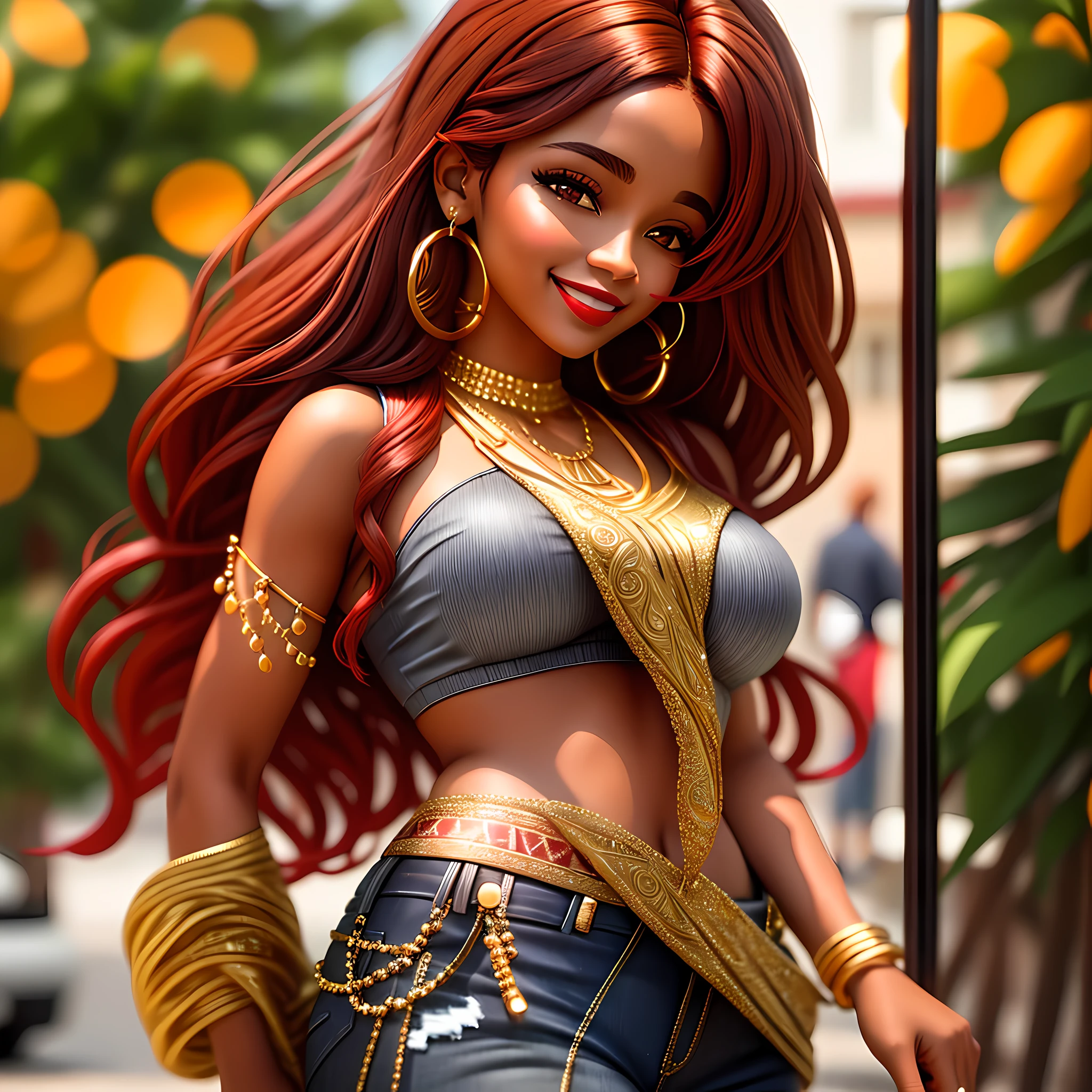 Realistic black woman smiling with golden nacklace, gold hoop earrings, brown eyes, dark red hair, glossy red lips, jeans clothes, summer afternoon, classic profile high quality, detailed and intricate photography, cinematic soft lights, film gray, auto focus