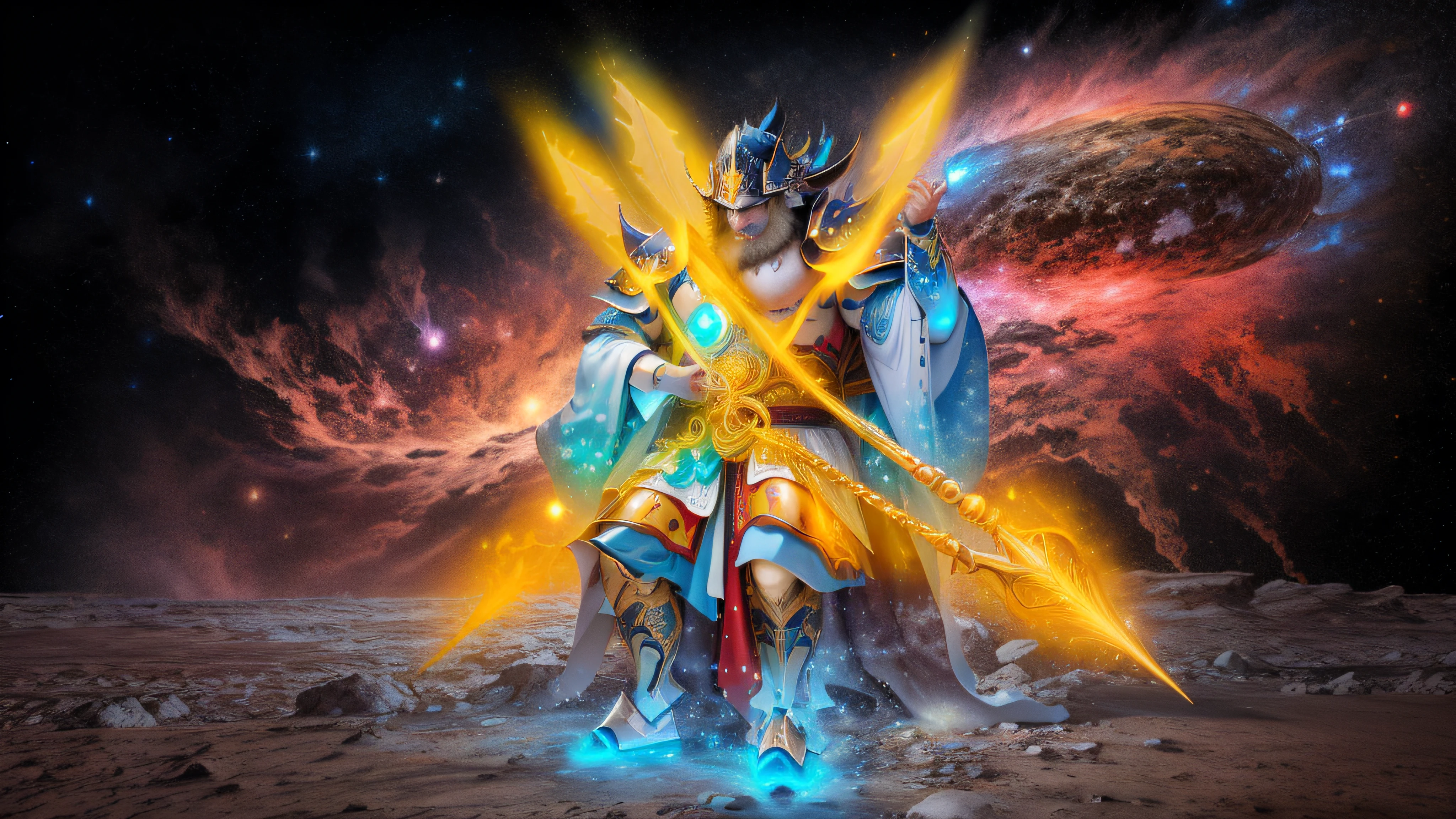 imagem estilo anime de um homem em uma lua com uma espada brilhante, galactic deity, Um enorme deus gigante celestial, a shaman holding up the universe, samurai touro da lua, portrait of a digital shaman, Imperador do universo conhecido, legendary god holding spear, Deus da Lua, psychedelic shaman, immense cosmic aura, deus rei da arte ai, samurai neon