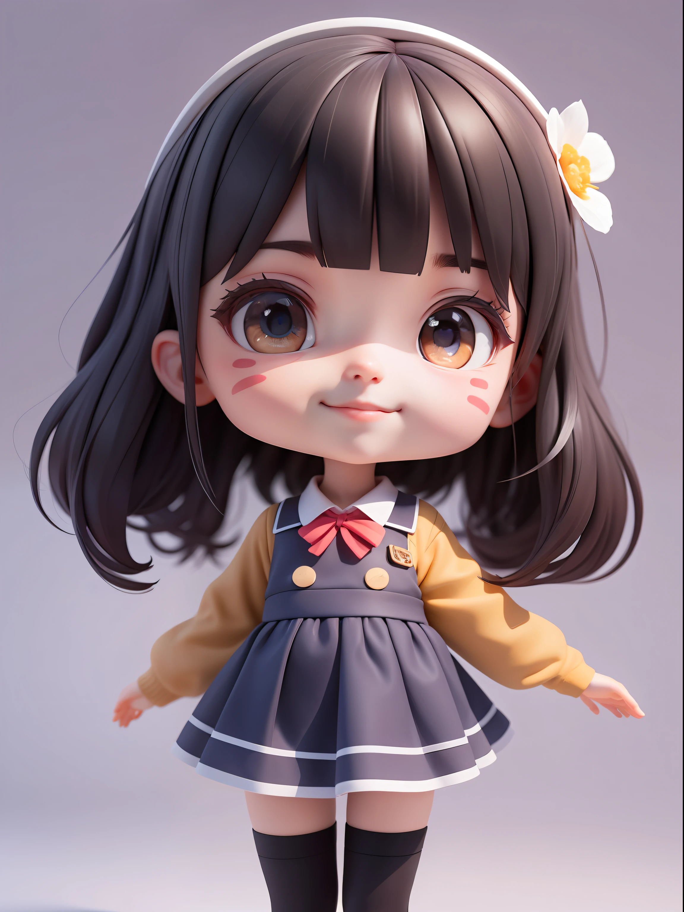 (nmasterpiece), (最佳质量), (ultra -detailed), (Whole human body: 1.2), 1 girl, Chibi T-Shi, Cutes, Smile with, Colorless background, seethru school uniform, Blushlush, : 3, length hair, blury, black har, Blush Sticker, hair bangs, (Beautiful detailed face), (Beautiful detailed eyes), Whole human body,3D,UG rendering,OC rendering