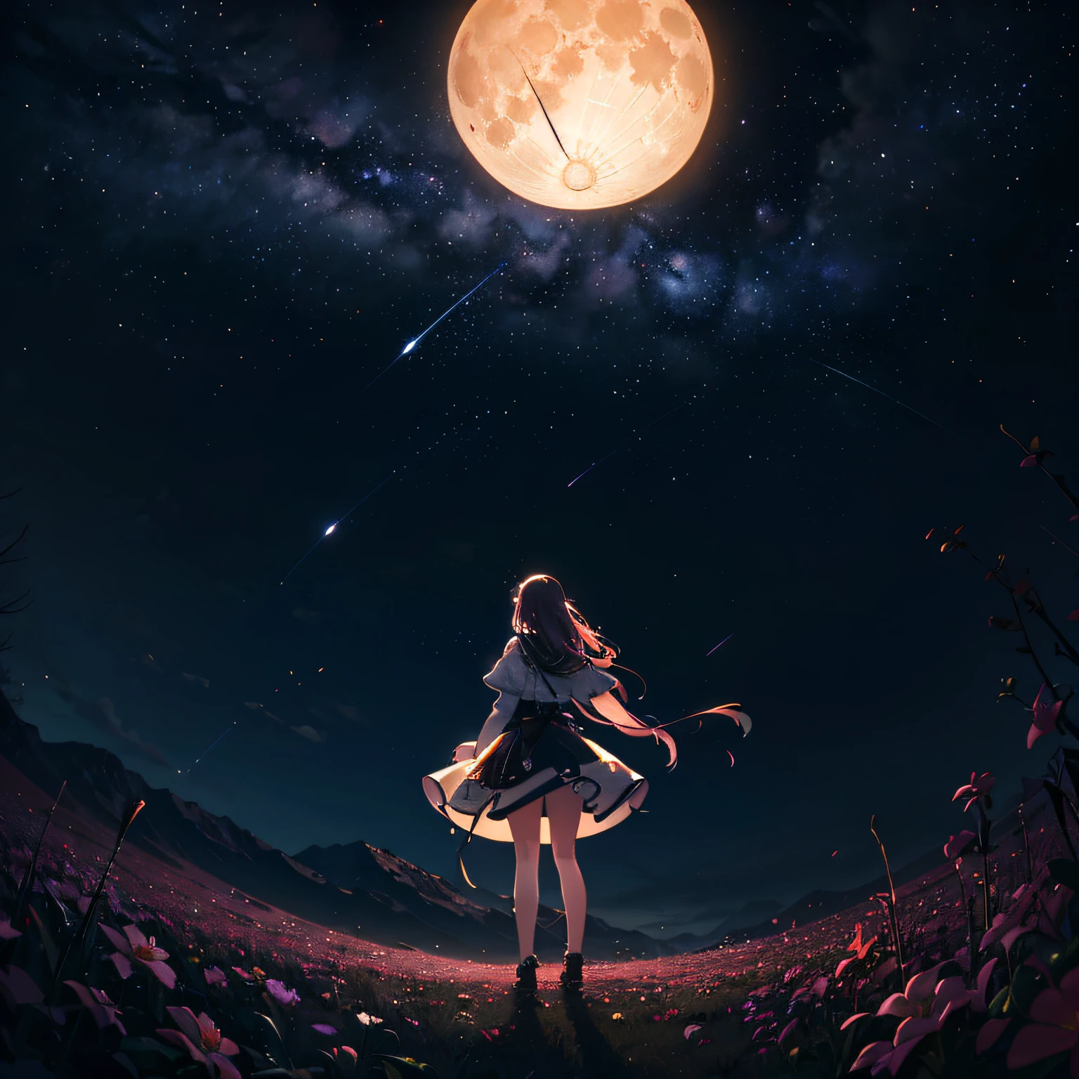 Expansive landscape photograph, (view from below with a view of the sky and the wilderness below),  standing in a flower field looking up, (full moon: 1.2), (shooting star: 0.9), (nebula: 1.3), distant mountain, tree break production art, (warm light source: 1.2), (firefly: 1.2), lamp, purple and orange, intricate detail, volume lighting BREAK (masterpiece: 1.2), (highest quality ), 4k, ultra-detailed, (dynamic configuration: 1.4), highly detailed and colorful details (iridescent: 1.2), (sparkling lighting, atmospheric lighting), dreamy, magical, (solo: 1.2) --auto