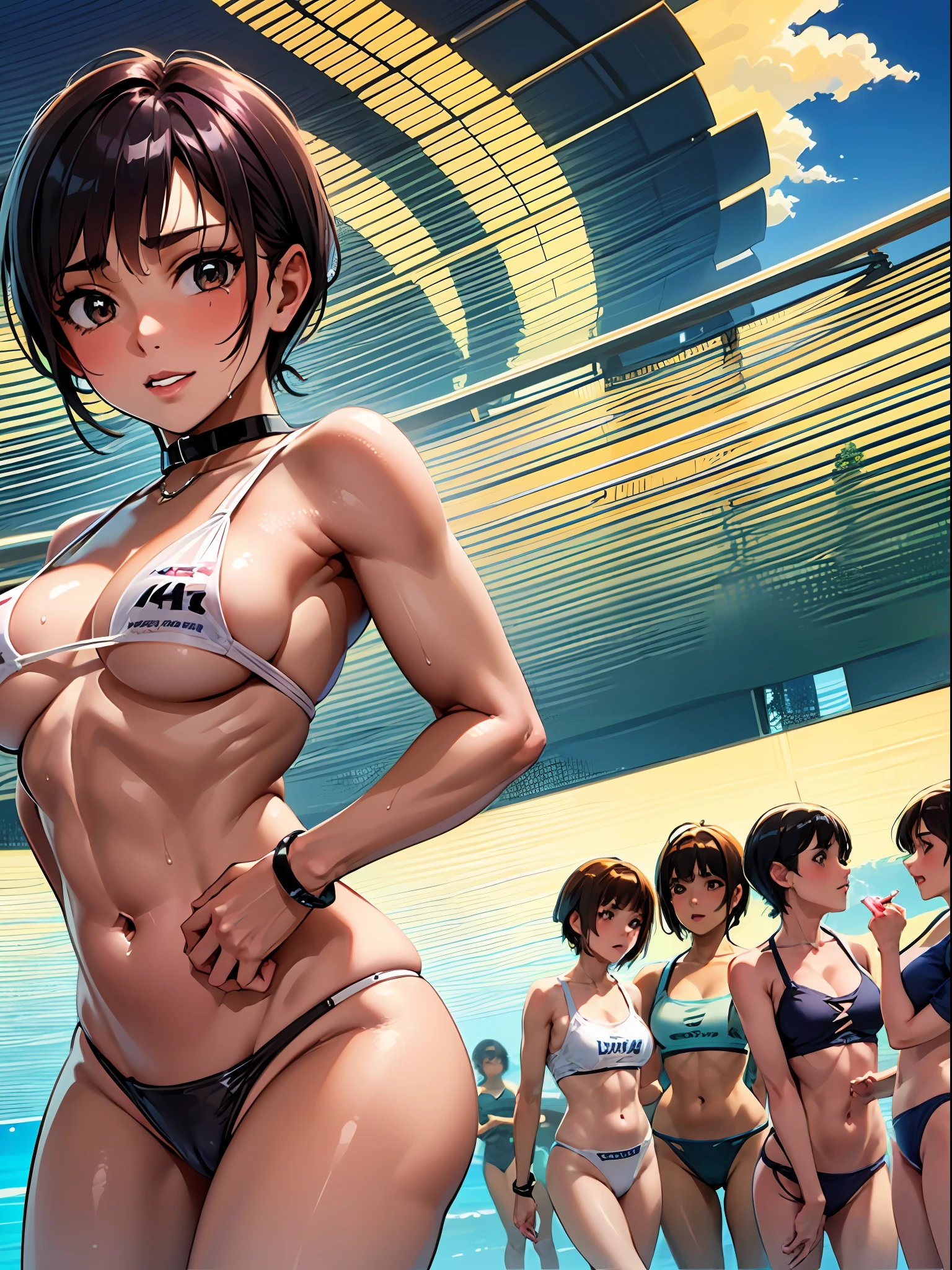 NSFW, (4+girls:1.5), (alternate athlete swimsuit pool), tanned skin, dark tanned skin, oil, abs:1.5, line up, girls playing beach volley, beach volley ball, net, masterpiece, top quality, ultra high definition, highest resolution, very detailed, professional lighting, clean skin, CG illustration, slender, very cute, young face, cleavage, lower breast, wet body, (breasts out:1.4), different hair colors, short hair, pixie haircut, semi-long hair, hair ribbon, blush, navel, from below, wet body, (breasts out: 1.4), (plastic bag 1.2), transparent swimsuit, beach, sand, water, (wind: 1.3), girls playing behind, showing ass, black necklace choker