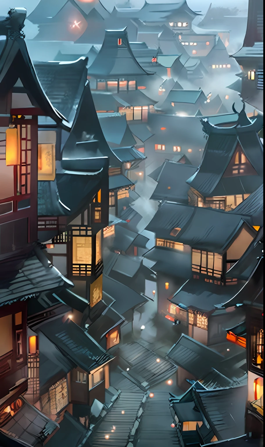 arafed view of a chinese village at night with a foggy sky, dreamy Chinese towns, cyberpunk chinese ancient castle, Beautiful rendering of the Tang Dynasty, Ancient Chinese architecture, Chinese village, Chinese architecture, andreas rocha style, the style of andreas rocha, japanese town, japanese city, japanese city at night, like jiufen, Chinese style