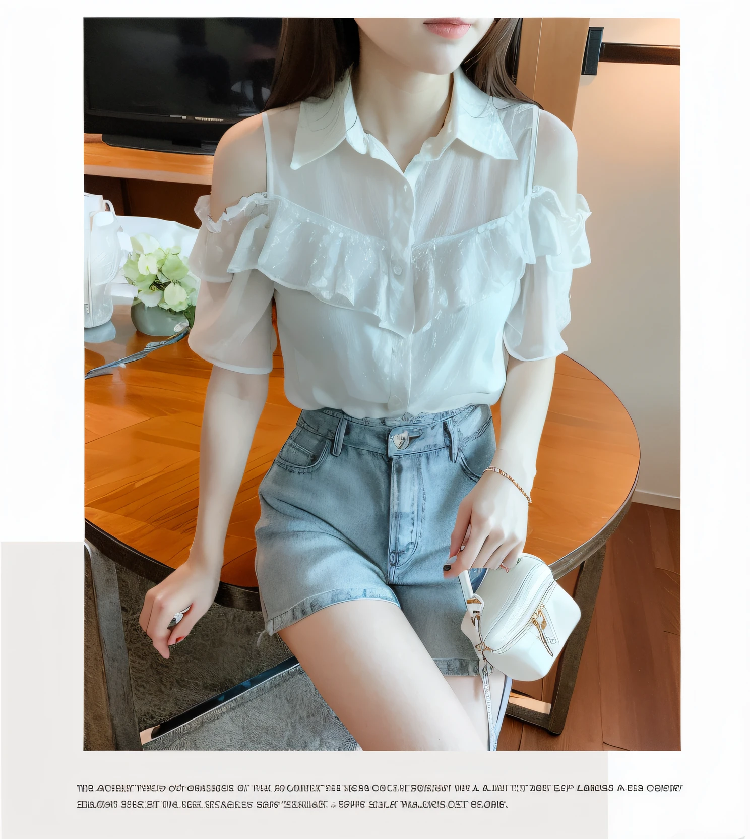 arafed image of a woman sitting on a chair with a purse, Short sleeves, white trendy clothes, frill, large view, Chiffon, white color, wear shirt, Advertising picture, loose - fitting blouses, casual white garment, chics clothes, cute top, reluvy5213, off the shoulder shirt, White blouse, shoulder - length --auto
