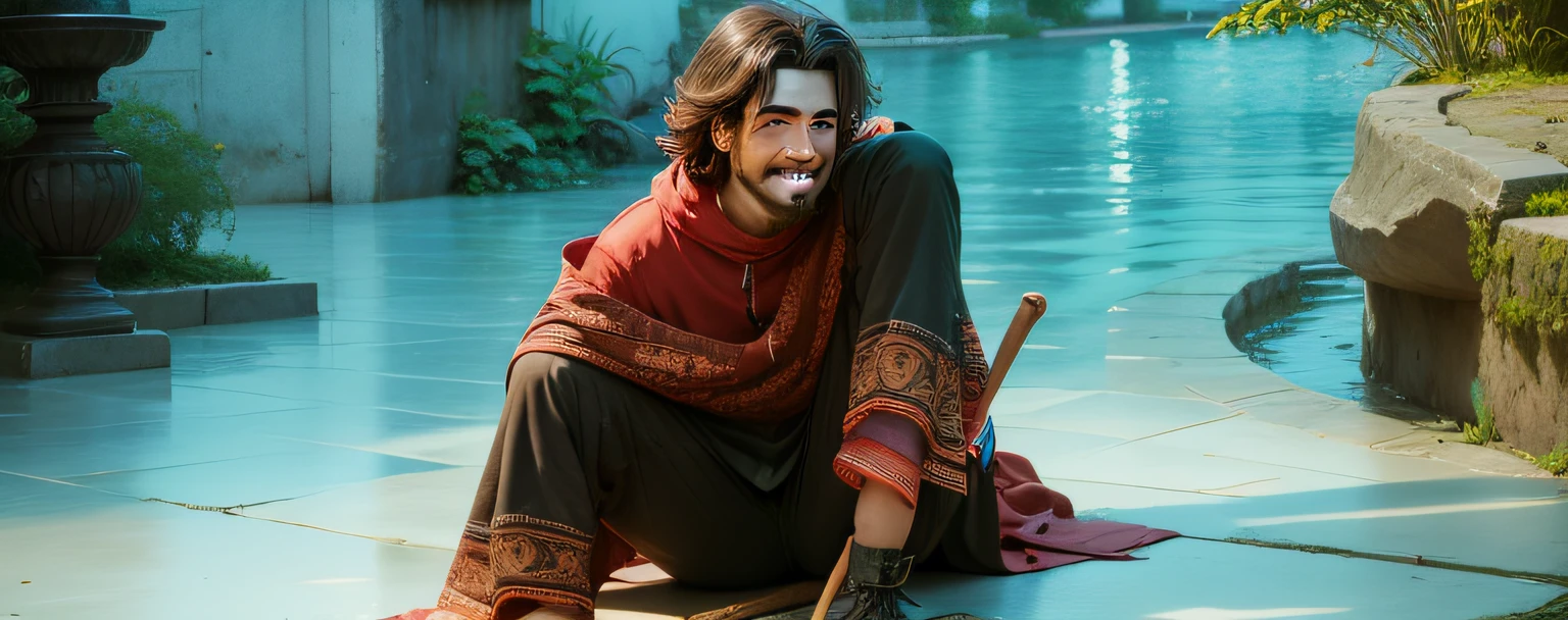 there is a man sitting on the ground with a cane, on the shiny floor, still from a TV movie, holy man looking at ground, corpo inteiro uhd, (well-defined construction:1.2),(29 anos:0.9), (corpo musculoso:1.2),confiante, standing in the beautiful gardens of France, (Natural Daylighting:1.2), (sorrindo:1.1) exibindo seu queixo fendido." --auto --s2