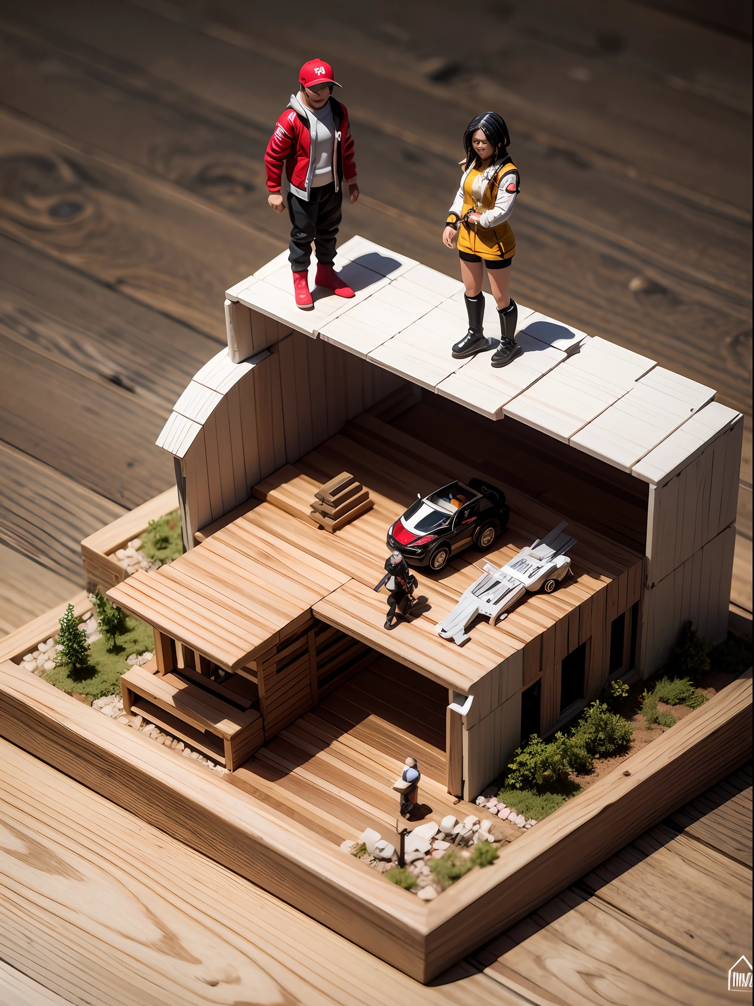 A little toy of a sexy racer woman wearing her racing jacket, on a wooden table, toy, (Isometric:1.4), gray background