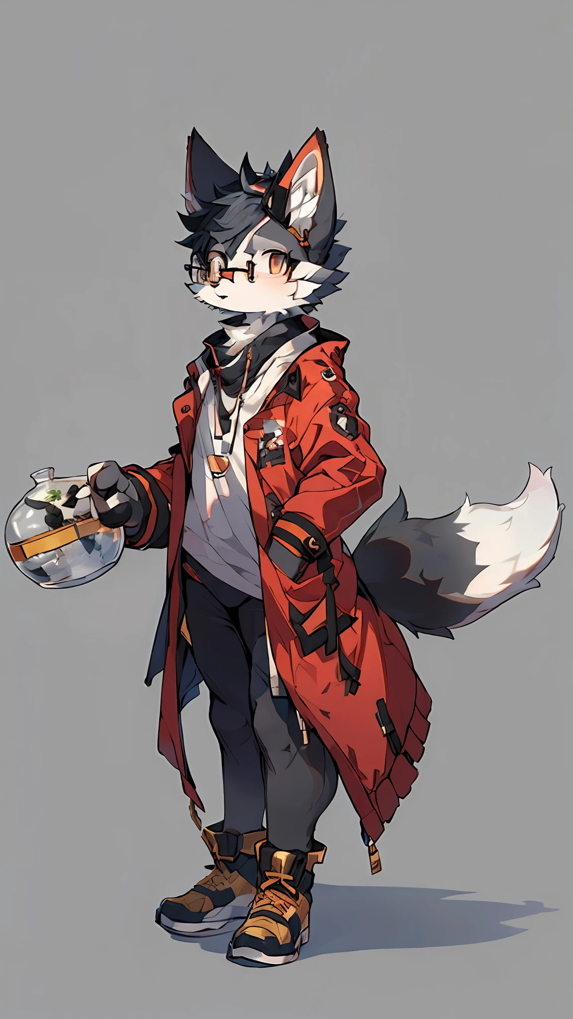 Single, furry male, furry, fox, arctic fox, canine, gray-black fur, golden eyes, glasses, alchemist