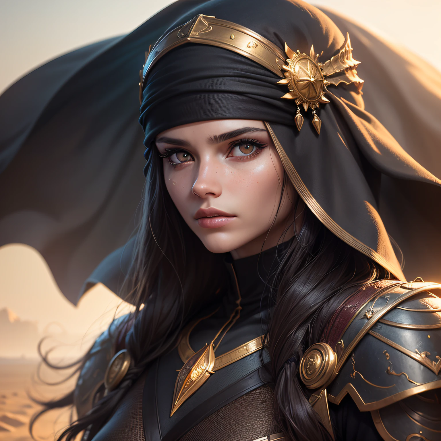 close up portratit of dune citadel (dark rider), hair covered with a fantastic turban, beard, transparent black veil, the composition is balanced and dynamic, fog, (detailed skin, skin texture), (intricately detailed eyes, fine details, hyperdetailed), epic cinematic, golden hour lighting, photojournalism, wignette, HDR, photo realistic, professional photo, sharp focus bokeh, (photo quality:1.4)