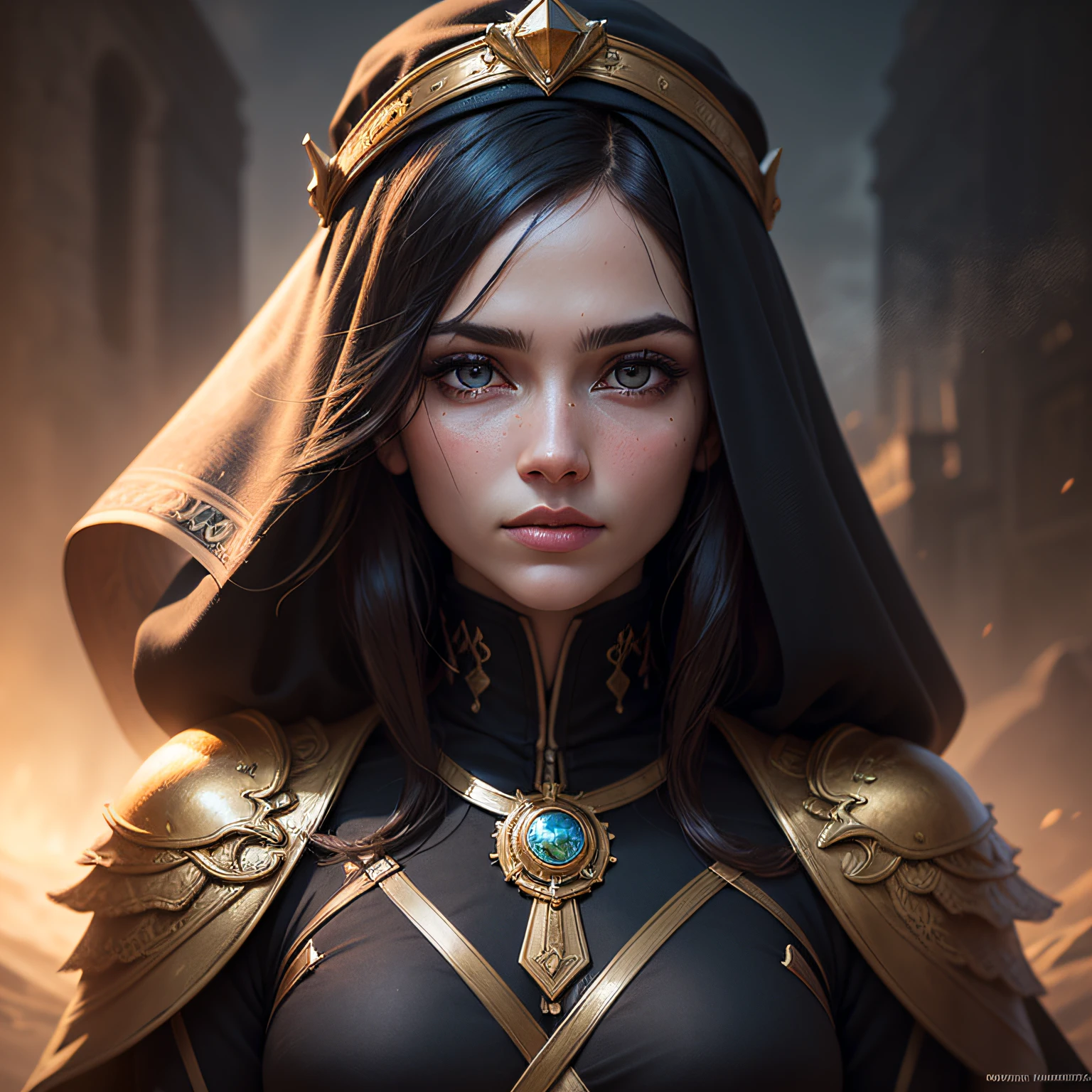 close up portratit of dune citadel (dark rider), hair covered with a fantastic turban, beard, transparent black veil, the composition is balanced and dynamic, fog, (detailed skin, skin texture), (intricately detailed eyes, fine details, hyperdetailed), epic cinematic, golden hour lighting, photojournalism, wignette, HDR, photo realistic, professional photo, sharp focus bokeh, (photo quality:1.4)