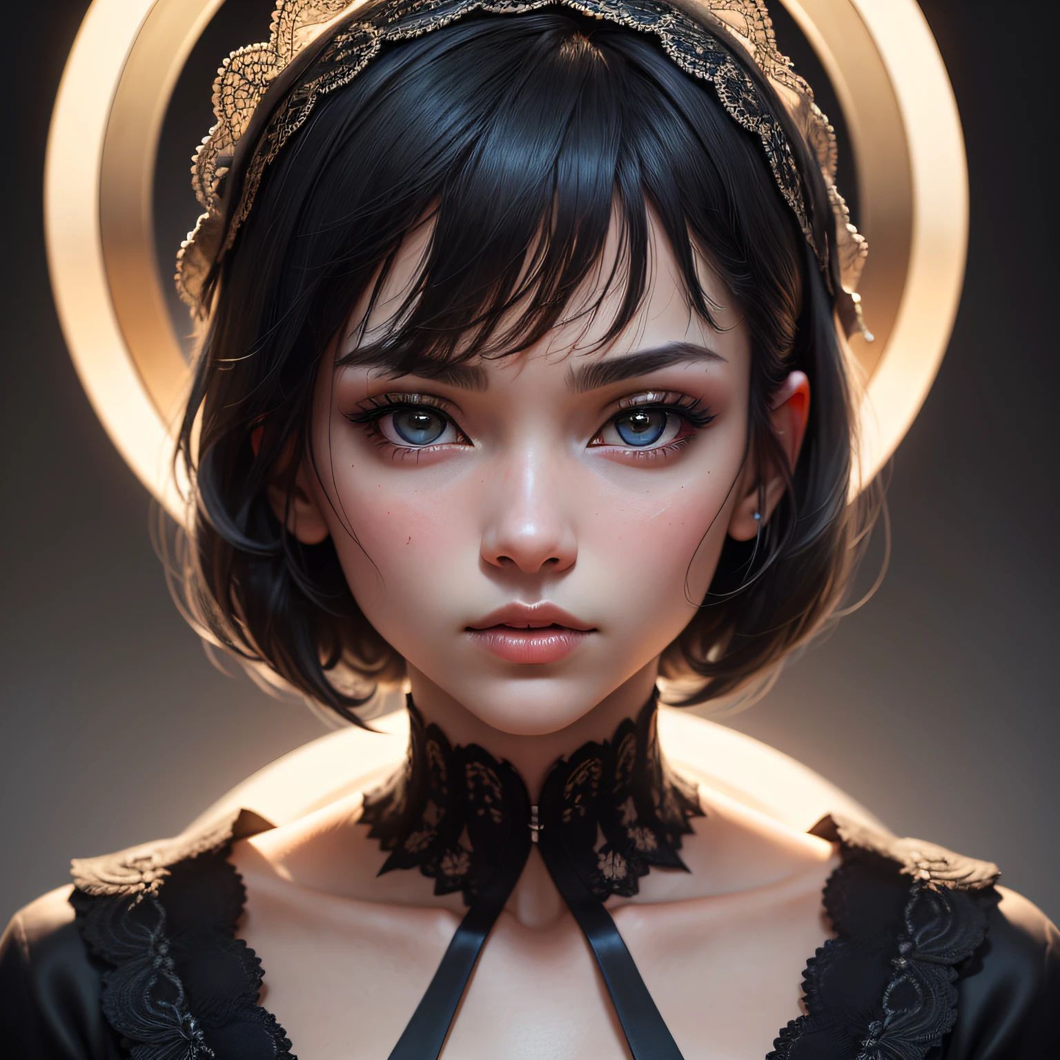 masterpiece, best quality, 35mm, 8k, absurdres, beautiful girl, (upper body, dark grey background:1.4), (black classical dress, black hair:1.6), slender, dark studio, rim lighting, ultra realistic, highres, photography, film grain, chromatic aberration, depth of field, sharp focus, HDR, facelight, dynamic lighting, cinematic lighting, professional shadow, dark shadow, highest detailed, extreme detailed, ultra detailed, finely detail, real skin, delicate facial features, detailed face and eyes, sharp pupils, realistic pupils, Trang Tien