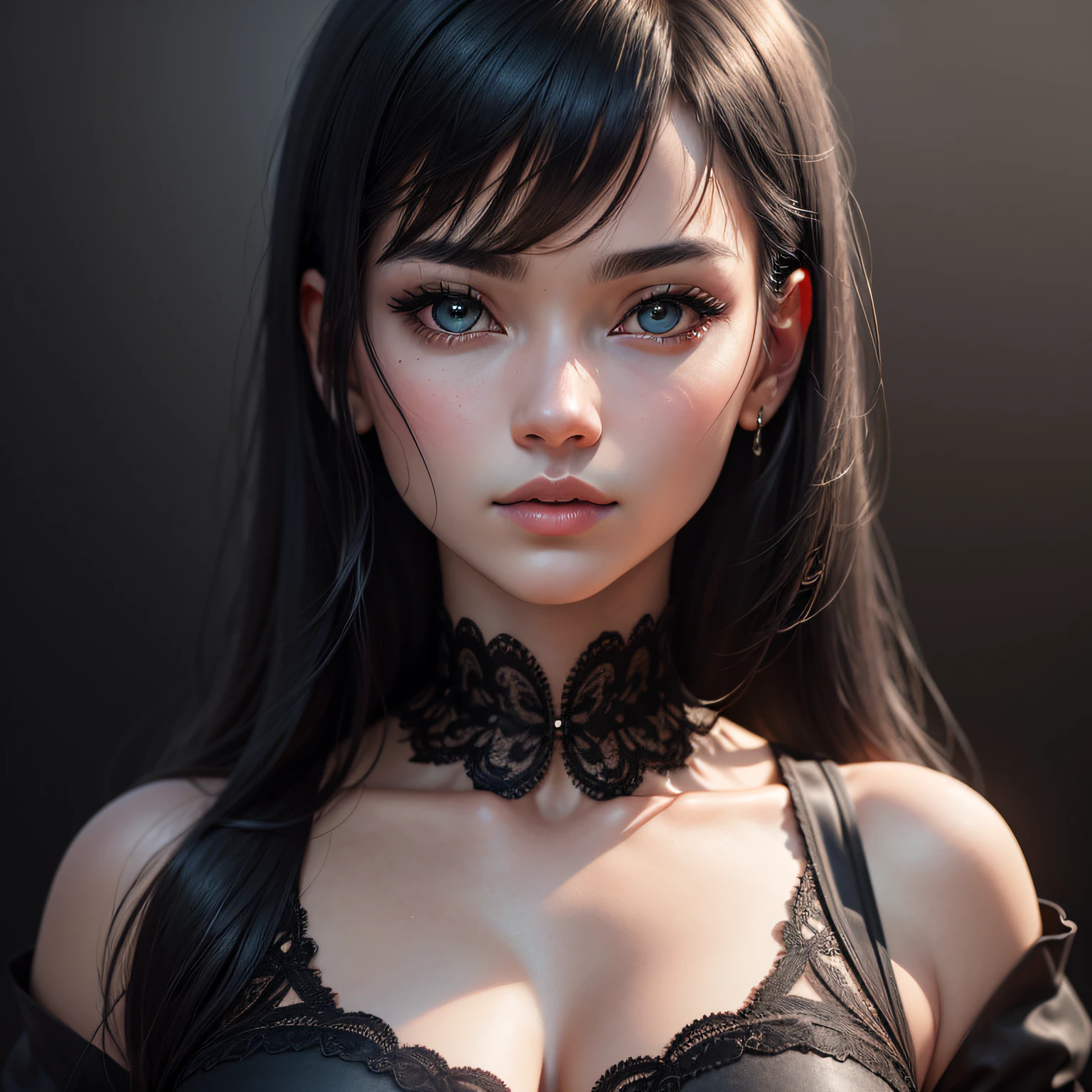 masterpiece, best quality, 35mm, 8k, absurdres, beautiful girl, (upper body, dark grey background:1.4), (black classical dress, black hair:1.6), slender, dark studio, rim lighting, ultra realistic, highres, photography, film grain, chromatic aberration, depth of field, sharp focus, HDR, facelight, dynamic lighting, cinematic lighting, professional shadow, dark shadow, highest detailed, extreme detailed, ultra detailed, finely detail, real skin, delicate facial features, detailed face and eyes, sharp pupils, realistic pupils, Trang Tien