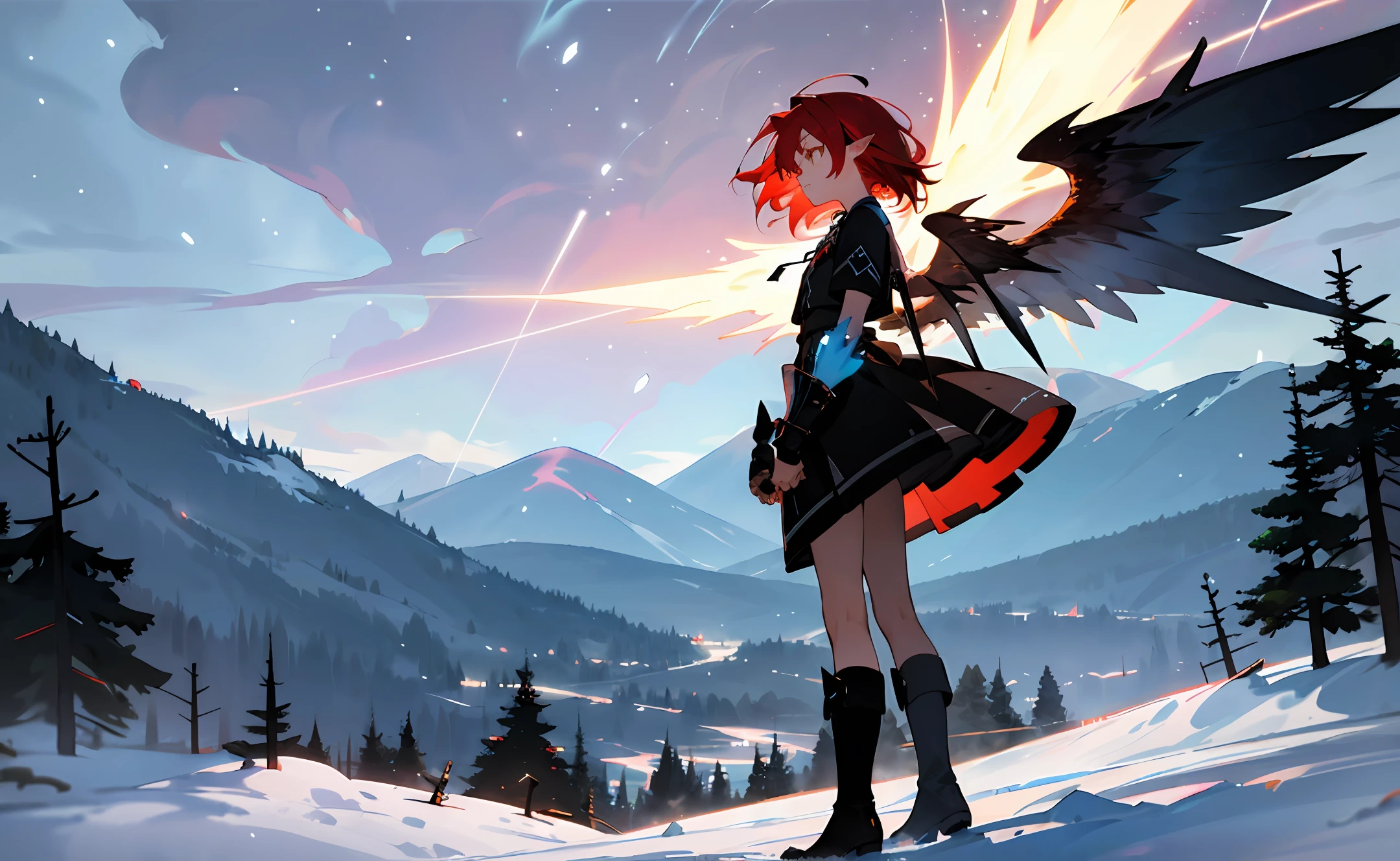 [prompt]

(masterpiece), (look_at_the_sky) (looking_up),  (best quality), (ultra-detailed), (best illustration), looking_up, looking at the sky, outdoors, standing, full body, model, 1girl, solo, ex-pression face, (sideview), from_side, (wings of light), small_breasts, large wings, wings at the back, pointy_ears, red_hair, short_hair, black long sleeve blouse with small ribbon on the chest, black dress, black grunge skirt with stripes, black long boots, metal gauntlets on arms, blue_eyes, yellow_eyes, anime, best_quality, detailed_background, milk galaxy, snow, storm, mountain, (sombre), (red_hair), medium_hair, black_hair, Wind_effect, short_hair