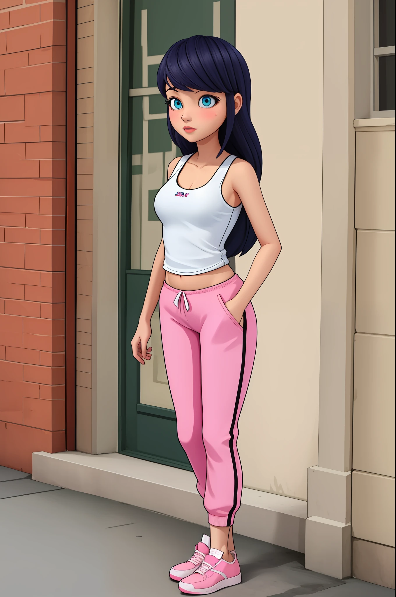 (masterpiece, best quality), (solo), 1girl, cute face, adult torso, (((long hair down))), medium sized breasts, full body, , standing, pink tank top, pink sweatpants, pink sneakers