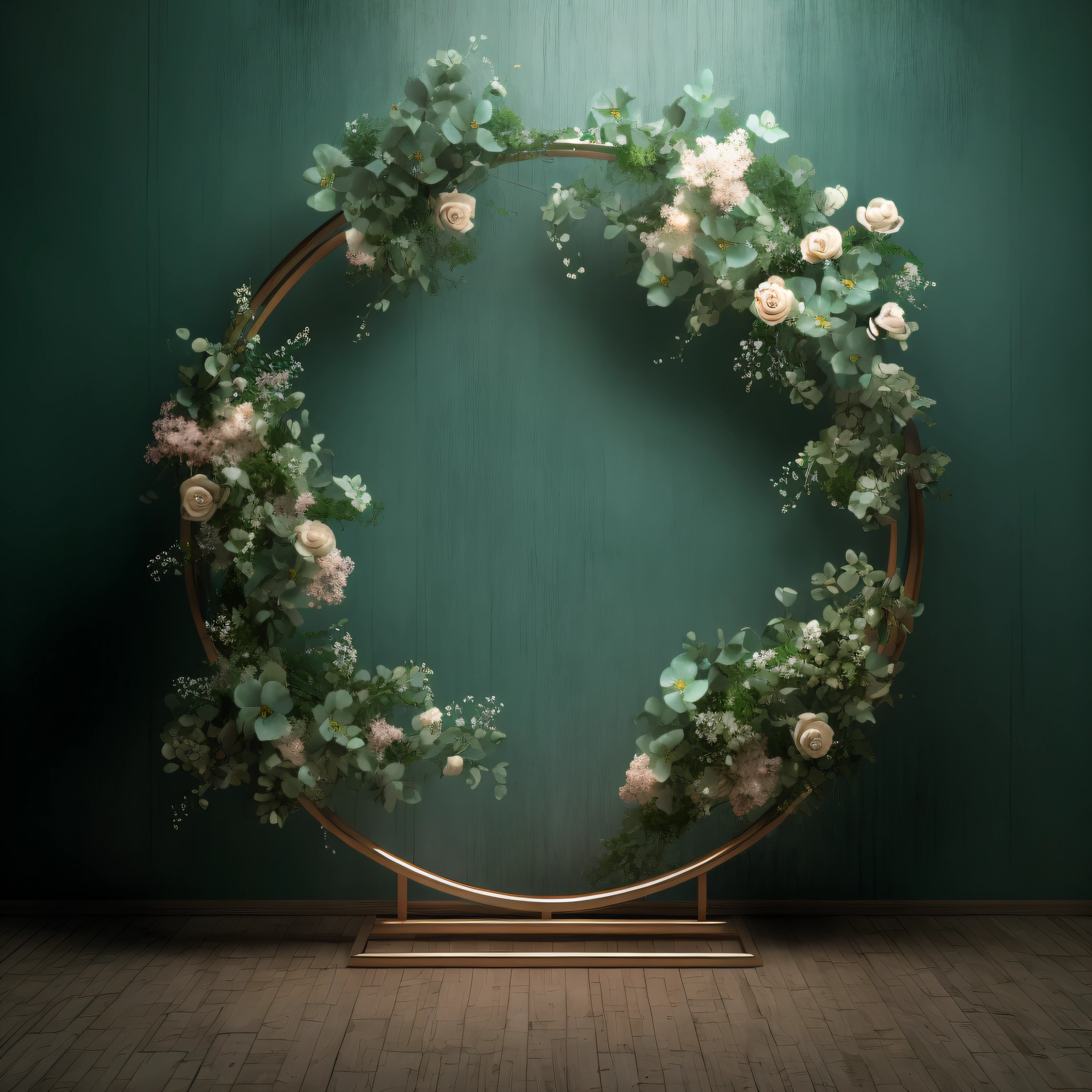 Hay una corona de flores y hojas en un soporte, stunning arcanum backdrop, teal studio backdrop, Portal hecho de rosas, Fondo pintado floral, ornate backdrop, still life photo of a backdrop, elegant composition, Halo ornamental, halo de adorno intrincado, portrait photo of a backdrop, Marco de la flor, ornate and intricate backdrop, Un verde elegante, Fondo de pintura de estilo barroco