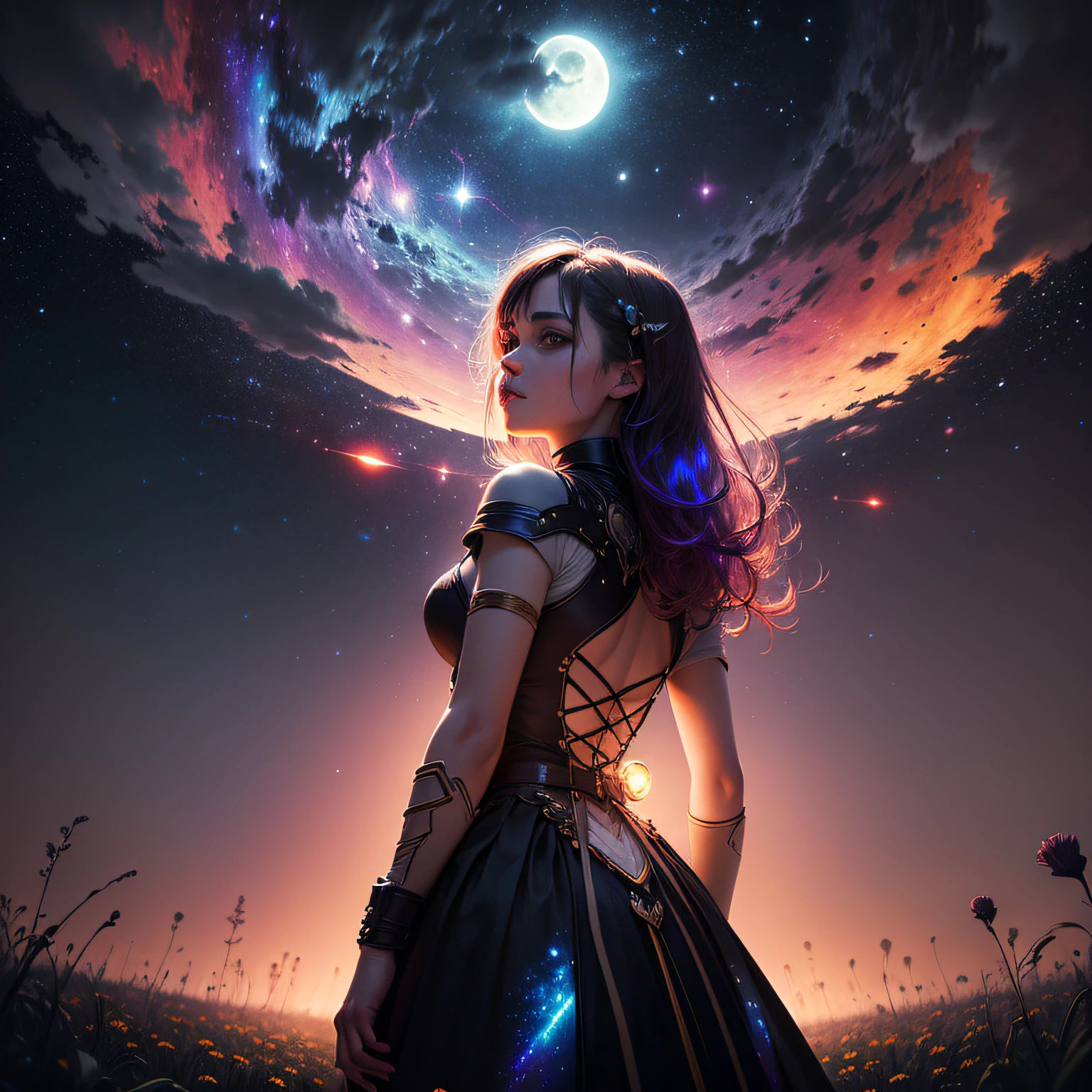 expansive landscape photograph , (a view from below that shows sky above and open field below), a girl standing on flower field looking up, (full moon:1.2), ( shooting stars:0.9), (nebula:1.3), distant mountain, tree BREAK
production art, (warm light source:1.2), (Firefly:1.2), lamp, lot of purple and orange, intricate details, volumetric lighting, realism BREAK
(masterpiece:1.2), (best quality), 4k, ultra-detailed, (dynamic composition:1.4), highly detailed, colorful details,( iridescent colors:1.2), (glowing lighting, atmospheric lighting), dreamy, magical, (solo:1.2)