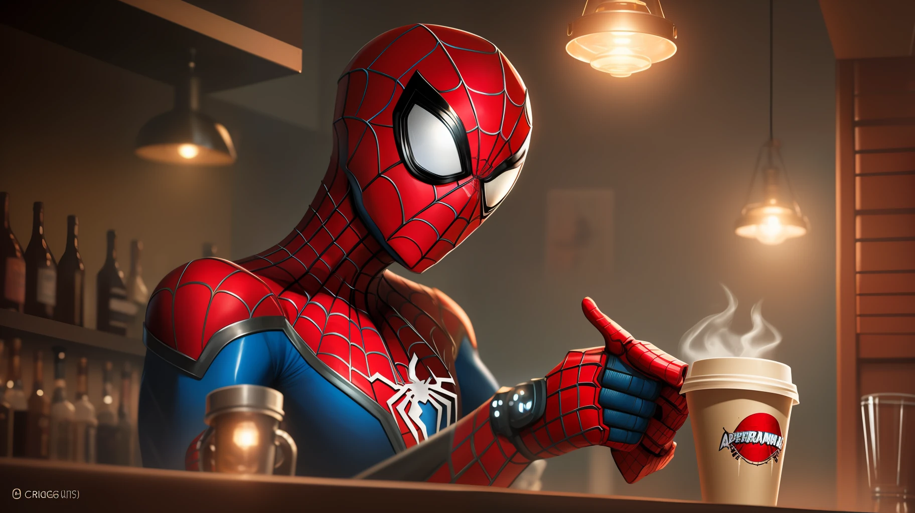 a Spiderman steampunk robot, bar lighting serving coffee and chips, highly detailed, digital painting, artstation, concept art, sharp focus, cinematic lighting, illustration, artgerm, greg rutkowski, alphonse mucha, cgsociety, octane render, unreal engine 5