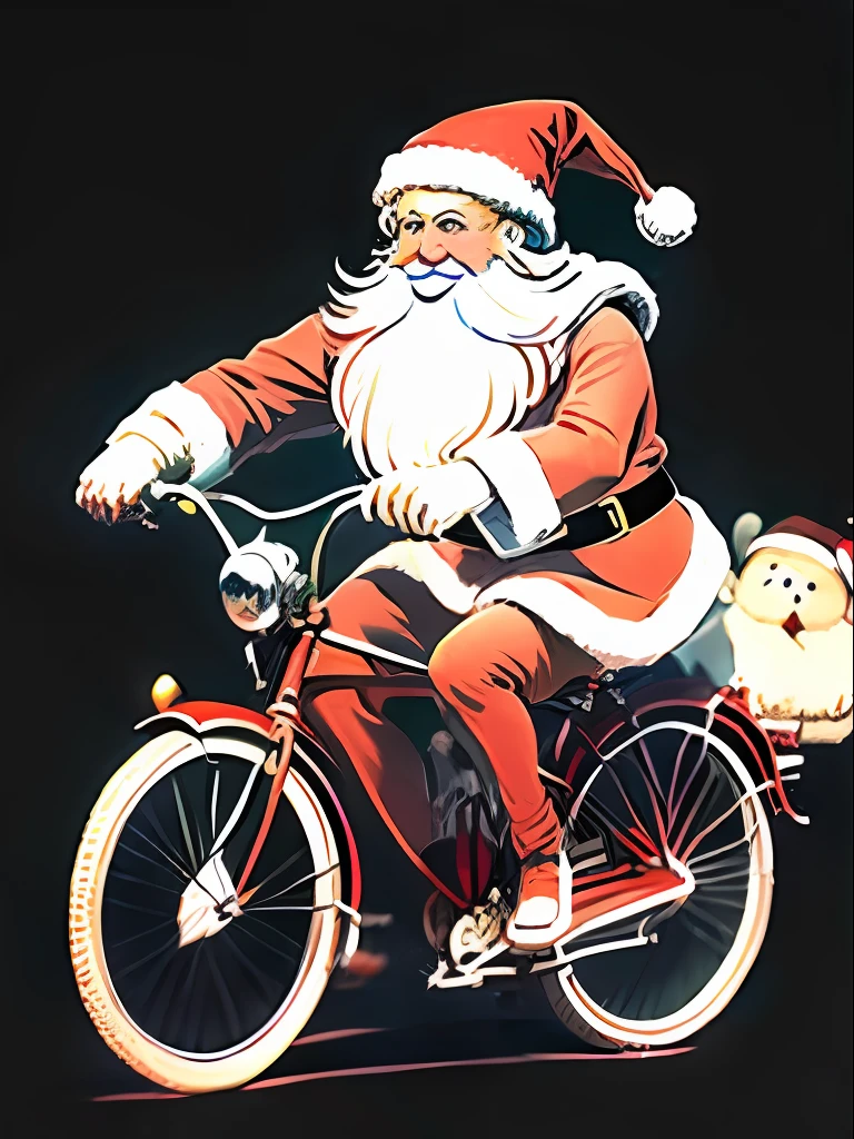 antique, Victorian, smiling, jolly Santa Claus and Mrs Claus, both riding bicycles, line drawing --auto
