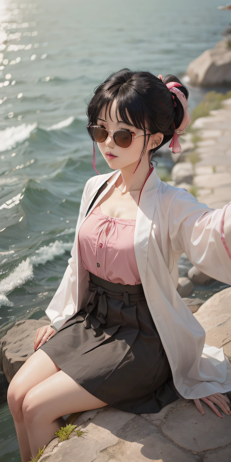 There is a woman sitting on a rock wearing sunglasses, she has black hair, full flowing sea, Japanese wolftail mullet head hairstyle, black pink hair, 8k selfie photo, very cute Korean face, Chen Xintong, --auto