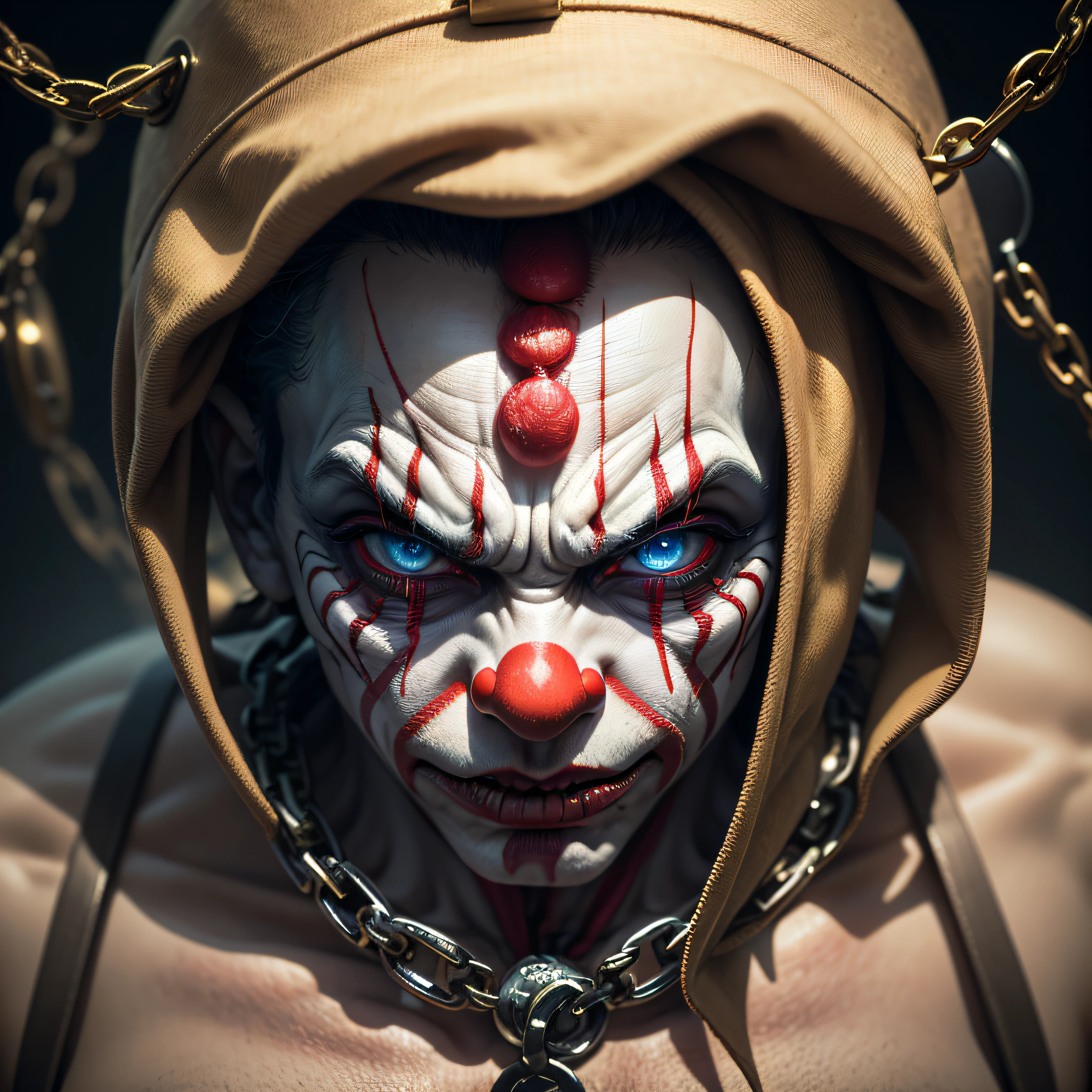 Chained Clown An unsettling image of an evil clown chained and confined, their eyes filled with anger and longing for freedom, symbolizing their twisted and tormented nature, Ultra realism, color field printing, high detail, UHD, 8k, anatomically correct, cinematic lighting 4d quality --auto