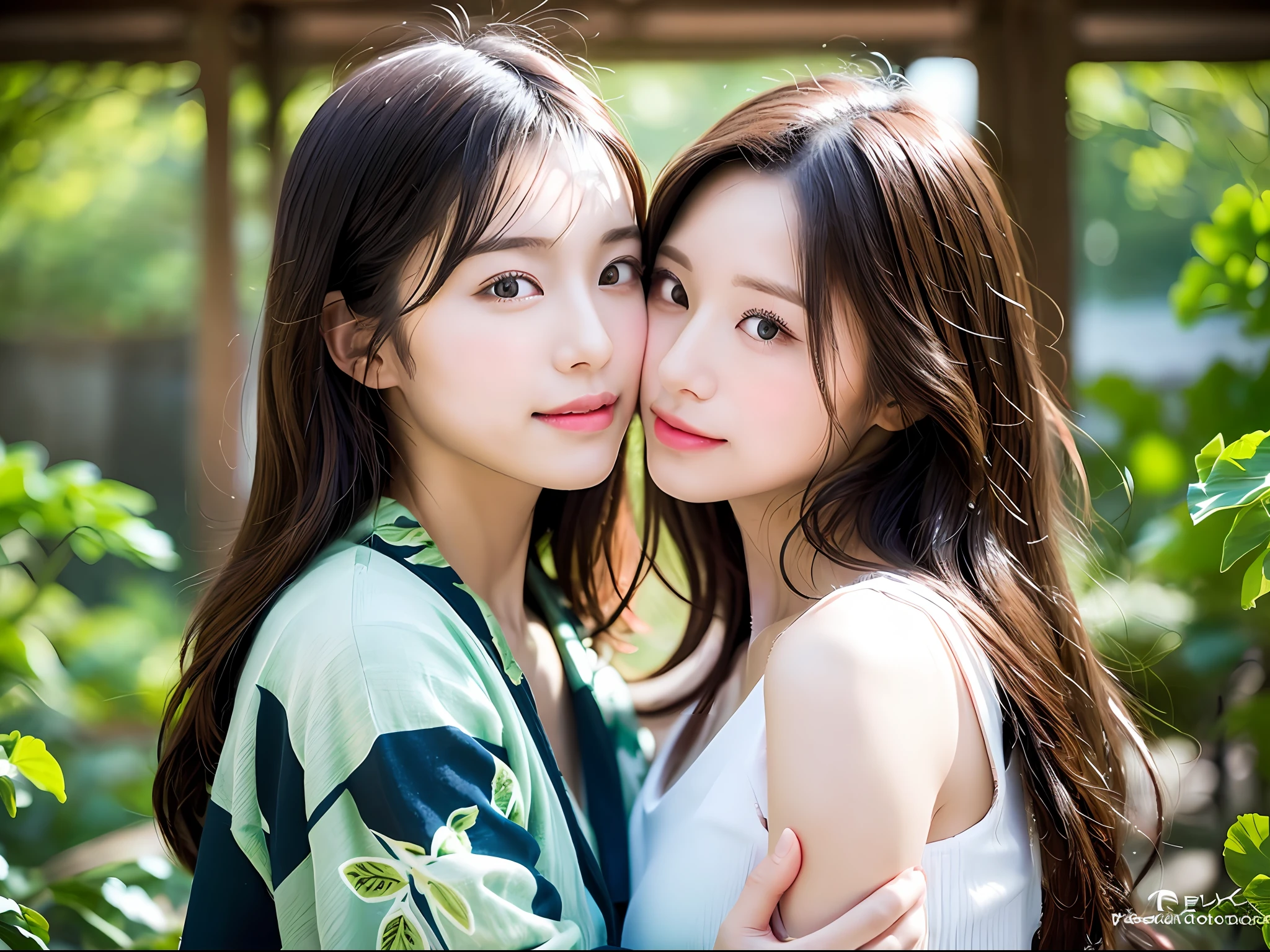 (8K、maximum quality、Master Pea:1.2)、(haired、_style)、(Realstic、pfotorealistic:1.37)、maximum quality、Master Pea、A photography studio bathed in the summer sun、simple back ground、Hugging and feeling affection、Kissing with our mouths together[small tits]、[little chest]、Two models with different atmospheres、Position one of the two in a well-balanced perspective、1 photo、High Balance、Backlight、From the waist up、Camera angle with background facing up、Hands holding hair to ears、Shot in natural light from morning to noon、Hair arrangement and summer yukata style according to the trend of 2023、Three years for two Japan、Realstic、Realstic、super-detail、Beautiful facial features、10 generations、Actress、Half-Japanese and Russian models、Elaborate CG、slender、Charming、University students、lesbian、kissed、Long model and bob model for 3 years Japan、Hair fluttering in the wind、Delicate skin type、Hair with fine details and softness、The model's hair color is slightly lighter and softer、Gloss makeup、Yukata has a cute impression with gentle colors