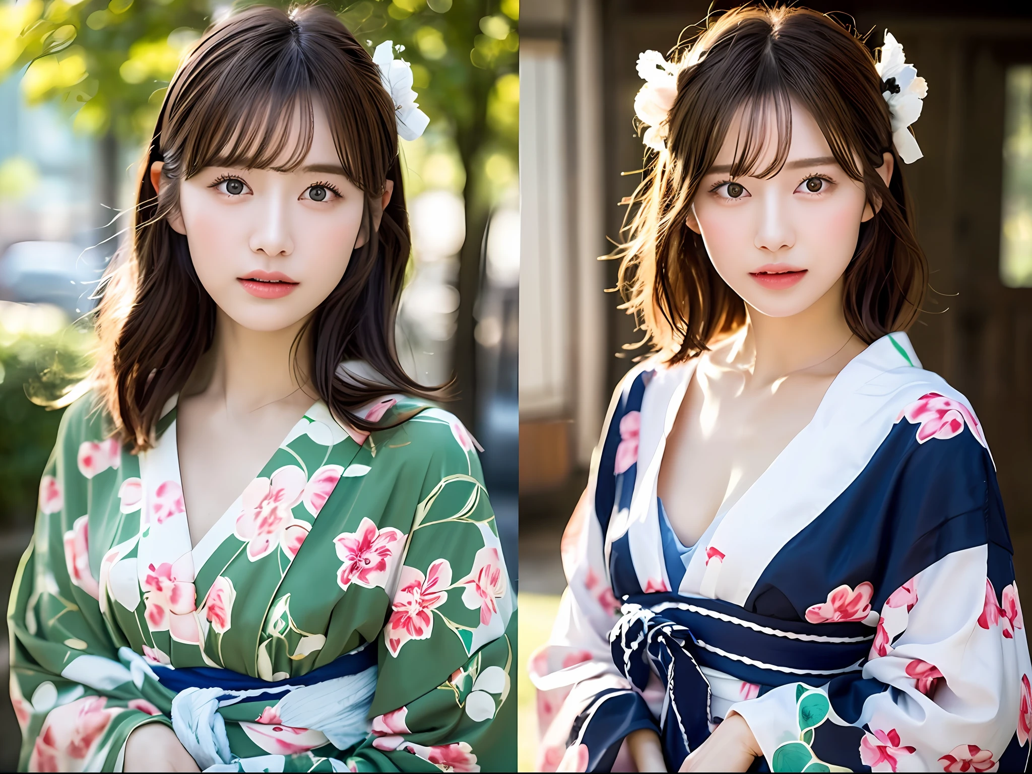 (8K、maximum quality、Master Pea:1.2)、(haired、_style)、(Realstic、pfotorealistic:1.37)、maximum quality、Master Pea、A photography studio bathed in the summer sun、simple back ground、Hugging and feeling affection、Kissing with our mouths together[small tits]、[little chest]、Two models with different atmospheres、Position one of the two in a well-balanced perspective、1 photo、High Balance、Backlight、From the waist up、Camera angle with background facing up、Hands holding hair to ears、Shot in natural light from morning to noon、Hair arrangement and summer yukata style according to the trend of 2023、Three years for two Japan、Realstic、Realstic、super-detail、Beautiful facial features、10 generations、Actress、Half-Japanese and Russian models、Elaborate CG、slender、Charming、University students、lesbian、kissed、Long model and bob model for 3 years Japan、Hair fluttering in the wind、Delicate skin type、Hair with fine details and softness、The model's hair color is slightly lighter and softer、Gloss makeup、Yukata has a cute impression with gentle colors