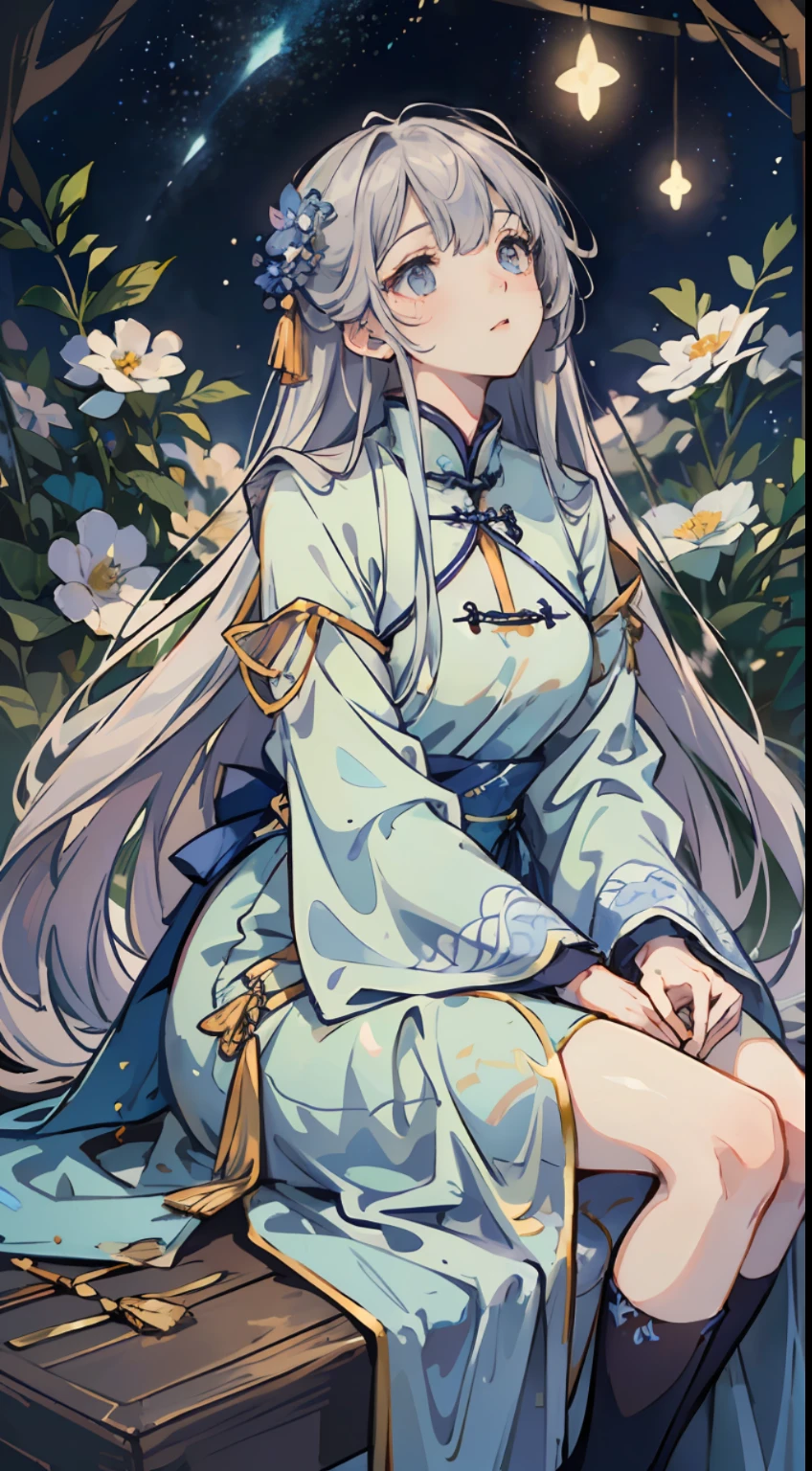 Starry sky, long silver hair, fluttering in the wind, light blue Chinese style Han dress, hands caressing cheeks, (sitting), (looking up at the starry sky), ((8K resolution, master works, shocking composition, full body photo))) starry sky, endless flowers and trees