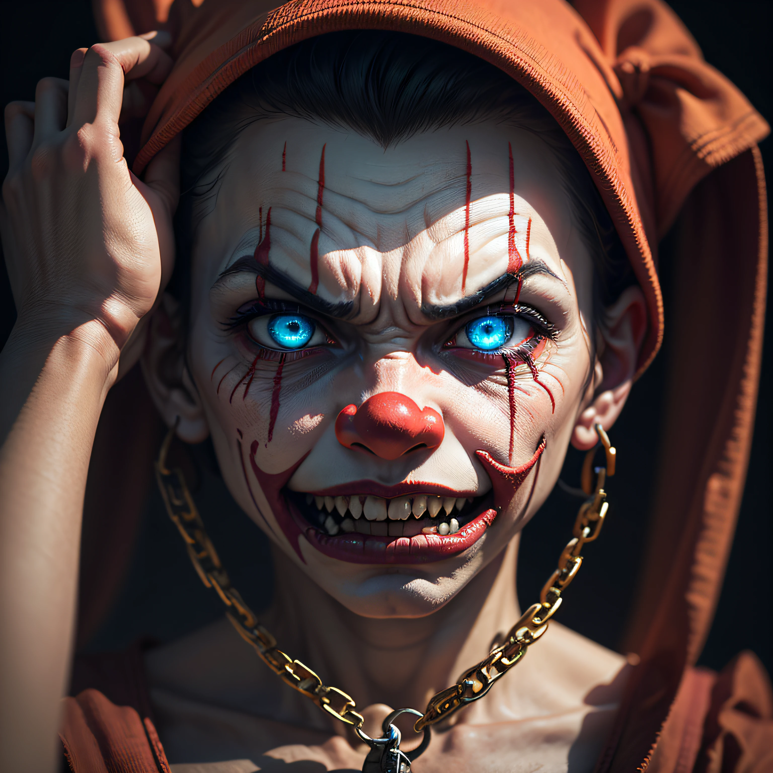 Chained Clown An unsettling image of an evil clown chained and confined, their eyes filled with anger and longing for freedom, symbolizing their twisted and tormented nature, Ultra realism, color field printing, high detail, UHD, 8k, anatomically correct, cinematic lighting 4d quality --auto