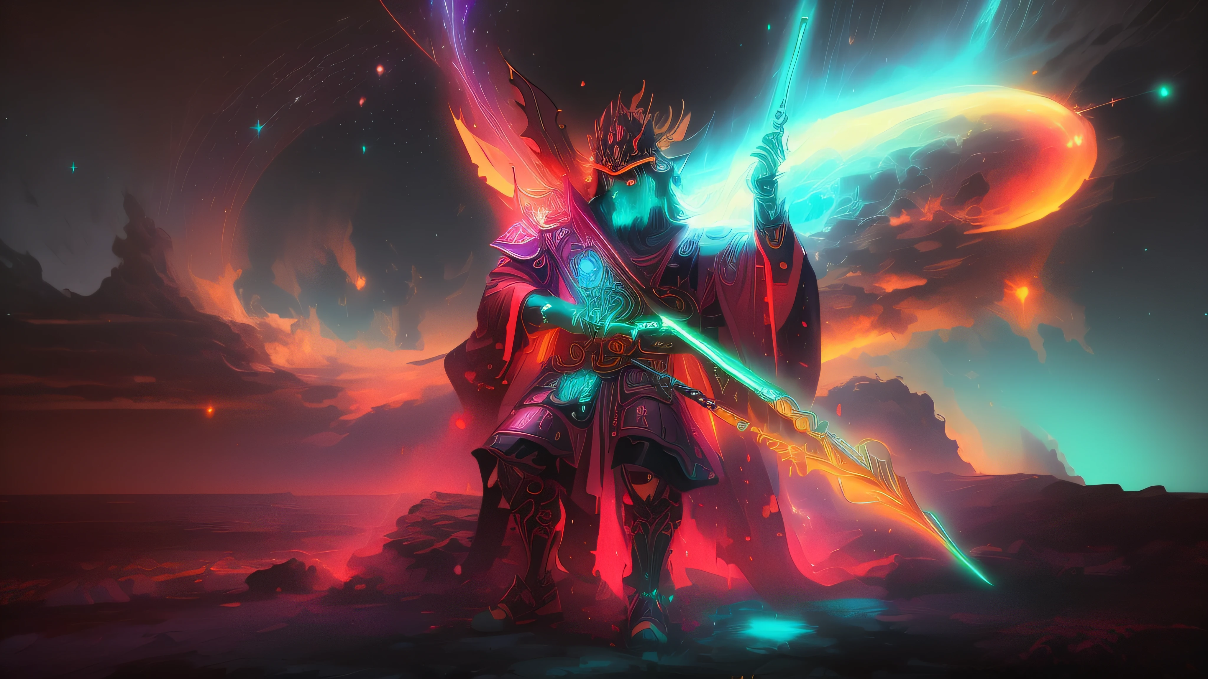 imagem estilo anime de um homem em uma lua com uma espada brilhante, galactic deity, Um enorme deus gigante celestial, a shaman holding up the universe, samurai touro da lua, portrait of a digital shaman, Imperador do universo conhecido, legendary god holding spear, Deus da Lua, psychedelic shaman, immense cosmic aura, deus rei da arte ai, Samurai Neon