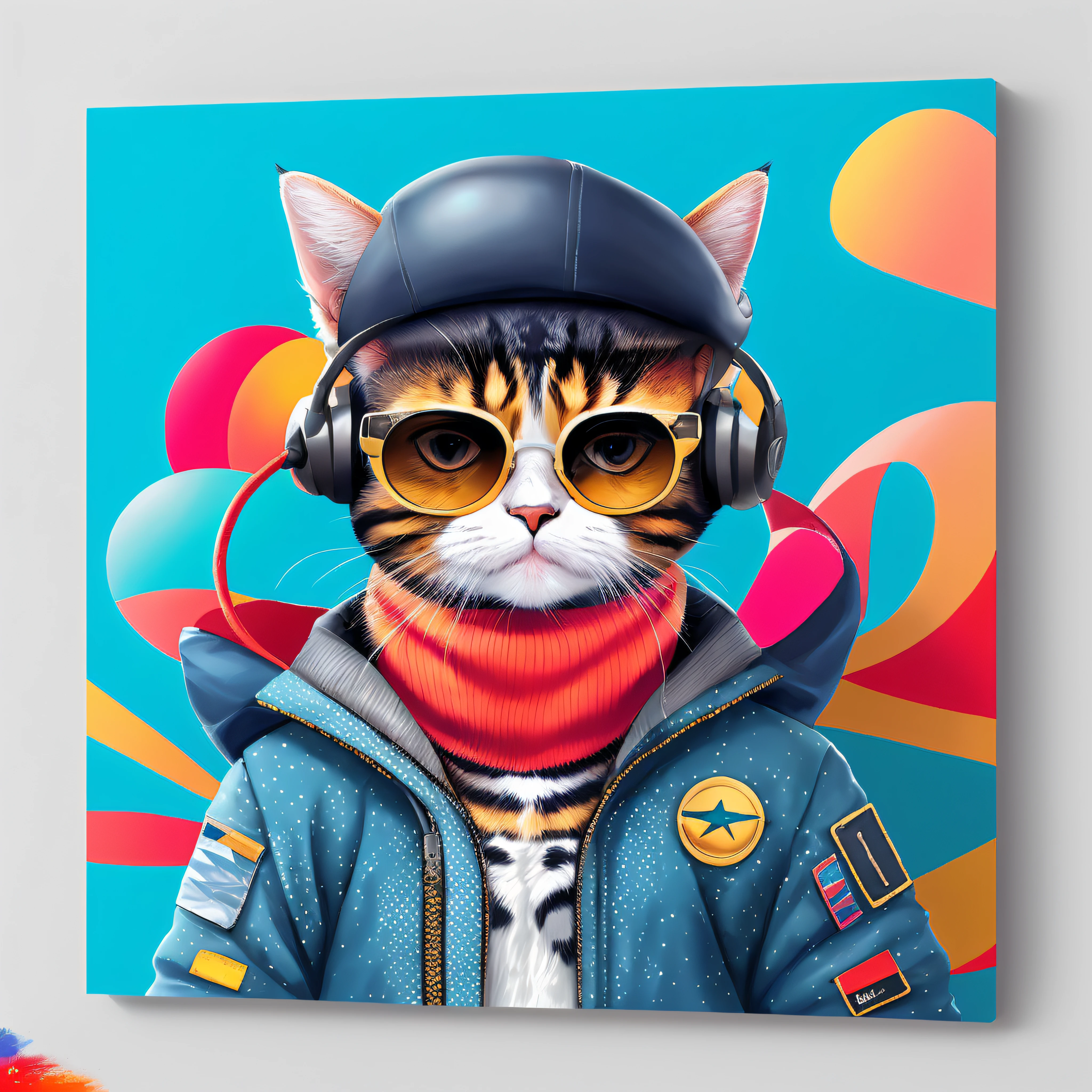painting of a cat wearing a hat and sunglasses with a scarf, gato espacial, gato astronauta, in digital illustration style, estilo de arte vetorial, gato cyberpunk, cat in space, Gato. pintura digital, design do gato, arte digital bonito, extremely high quality artwork, estilo de arte digital, arte de pintura digital dos desenhos animados, em estilo de pintura digital, artista peludo