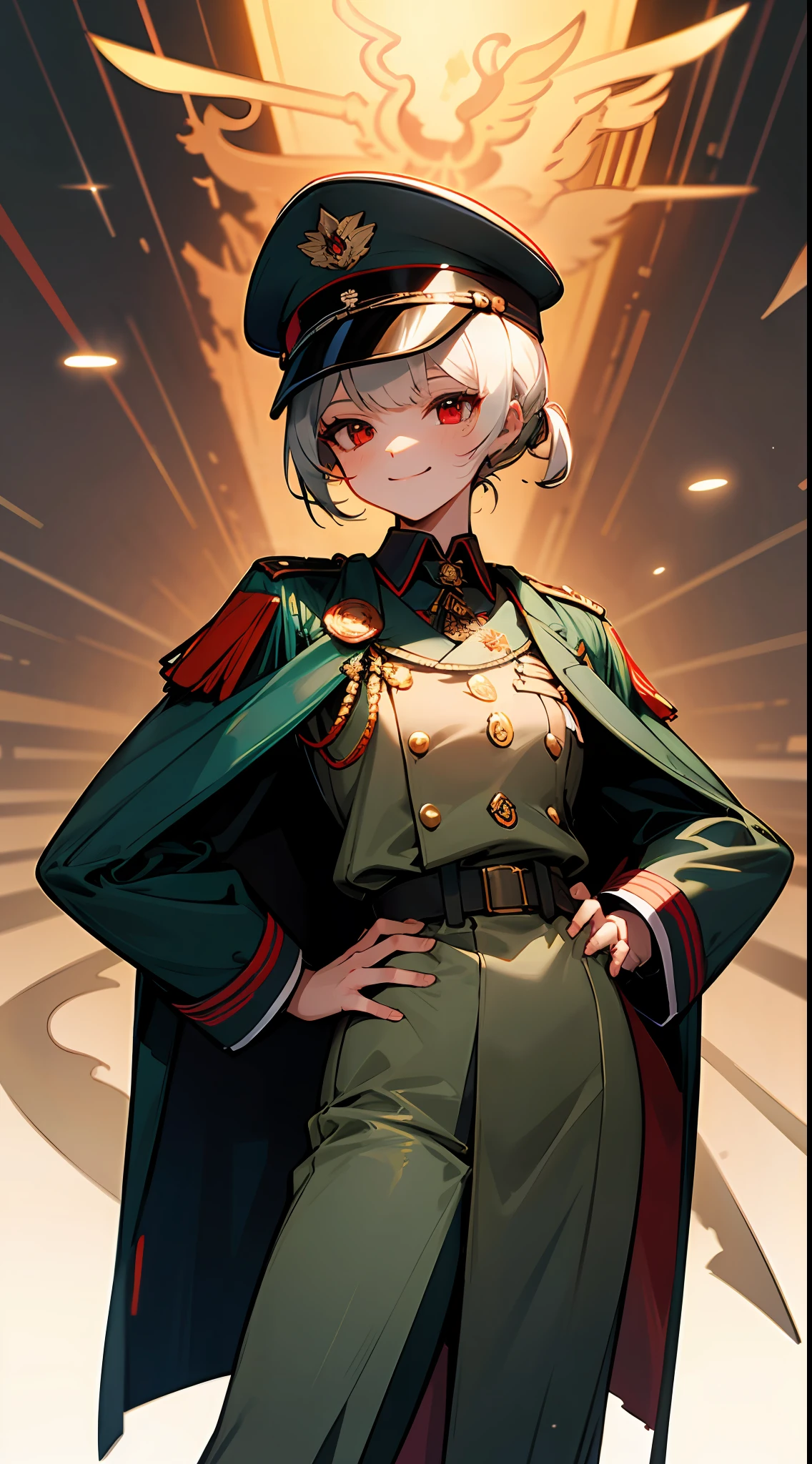 ((A little girl))(Red eyes)((flatchest))(White hair)(a horsetail)(Dressed in a German-style military uniform)(Wearing a German military cap)(The temperament is very domineering)(A murderous smile flowed)(With your hands behind your back)Stand straight((communism))Badges are hung all over the chest(Draped in an army coat)