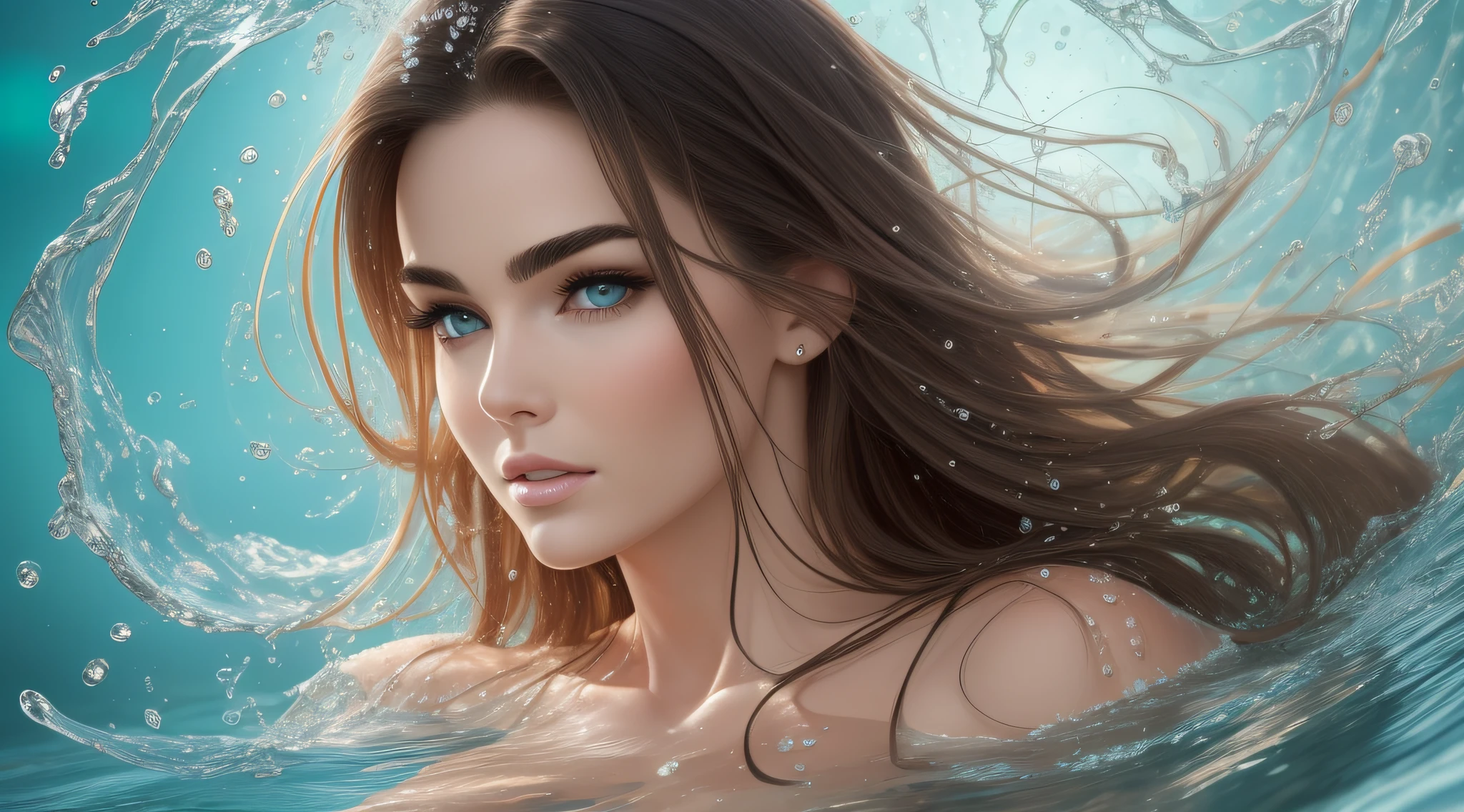 mulher, jovem, corpo inteiro, cabelo castanho com franjinha, cabelos cobrindo os seios nus, com o rosto de Brooke Shields, corpo de miss universo, hidromassagem, Seios pequenos, Whole naked body under translucent water, erotic pose, muito sensual, Erotismo extremo.