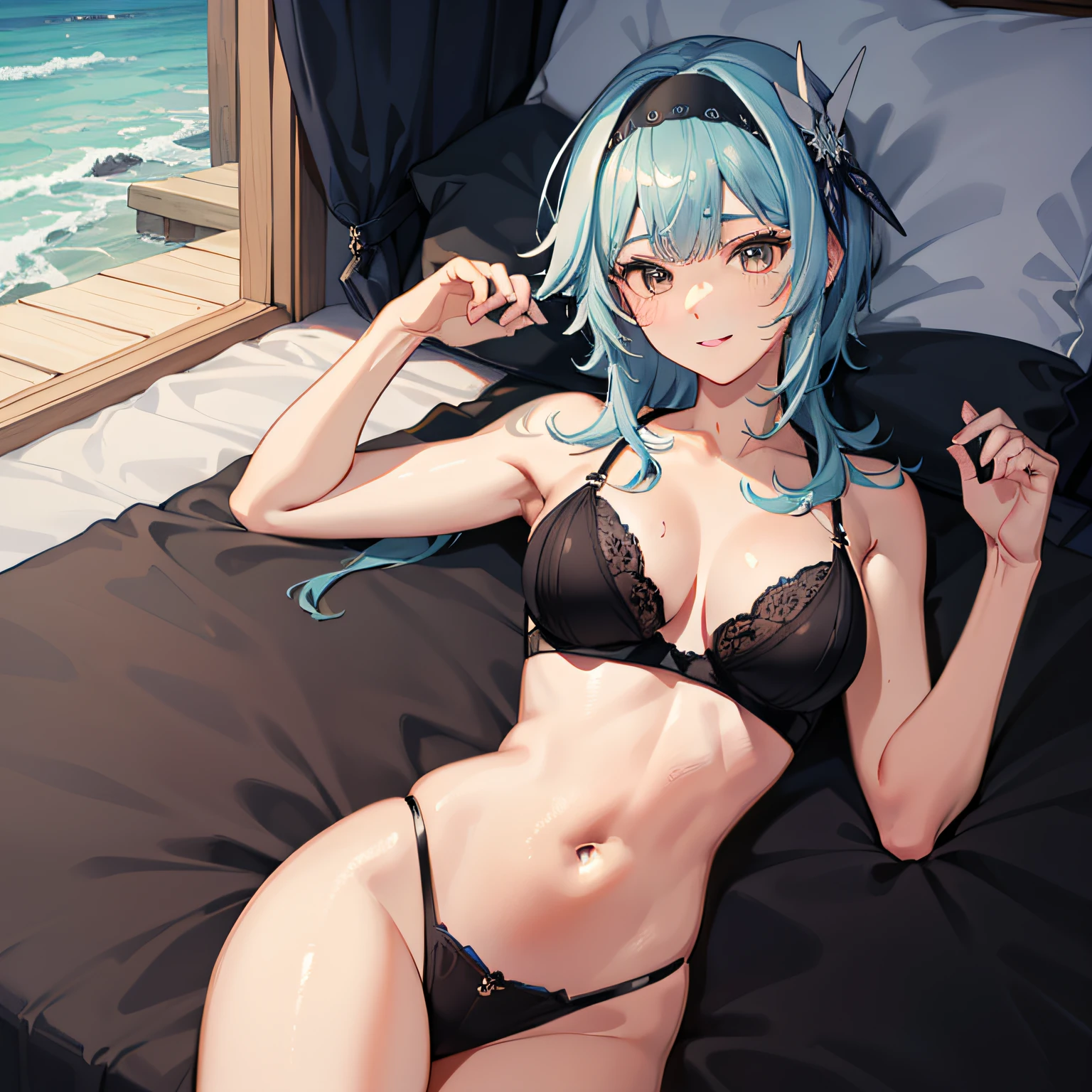 (antecedentes extremamente detalhados) (melhor qualidade), (mais alta qualidade), (obra-prima) , (ultra-detalhado) , Eula Lawrence, peitos enormes, bundas grandes, coxas grandes, Your MILF skin is oily, olhar sedutor, sorriso sedutor, blush, deitada numa cama , uma cama, blue skies, cabelo longo, lingerie azul, olhos castanhos olhando para o espectador,4k , 8k ,