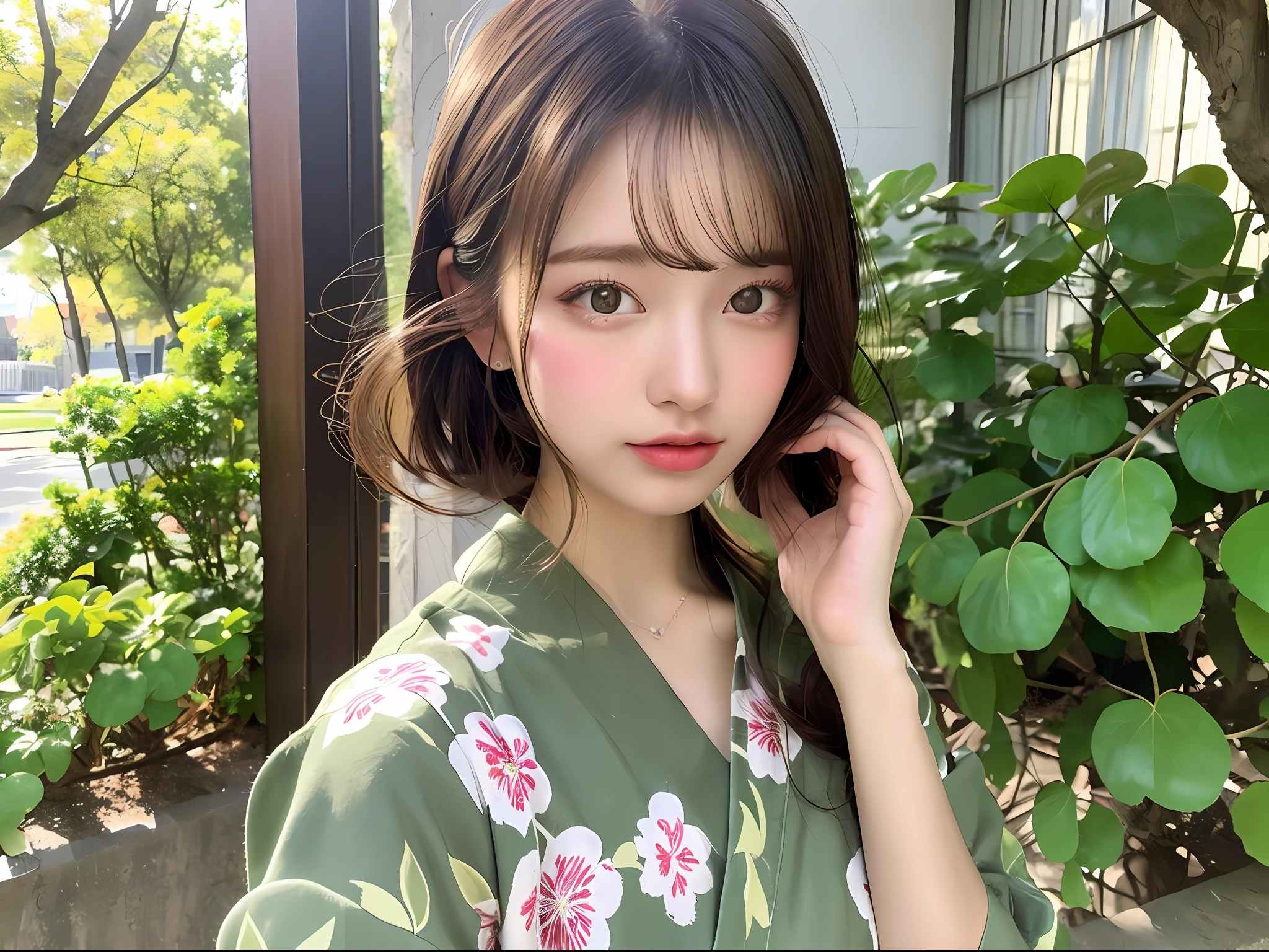 (8k、maximum quality、Master Pea:1.2)、(haired、_style)、(Realstic、pfotorealistic:1.37)、maximum quality、Master Pea、A photography studio bathed in the summer sun、simple back ground、[small tits]、[little chest]、Two models with different atmospheres、Position one of the two in a well-balanced perspective、1 photo、High Balance、Backlight、From the waist up、Camera angle with background facing up、Hands holding hair to ears、Shot in natural light from morning to noon、Hair arrangement and summer yukata style according to the trend of 2023、Three years for two Japan、Realstic、Realstic、super-detail、Beautiful facial features、10 generations、Actress、Half-Japanese and Russian models、Elaborate CG、Slender、charming、University students、lesbian、kissed、Long model and bob model for 3 years Japan、Hair fluttering in the wind、Delicate skin type、Hair with fine details and softness、The model's hair color is slightly lighter and softer、Gloss makeup、Yukata has a cute impression with gentle colors