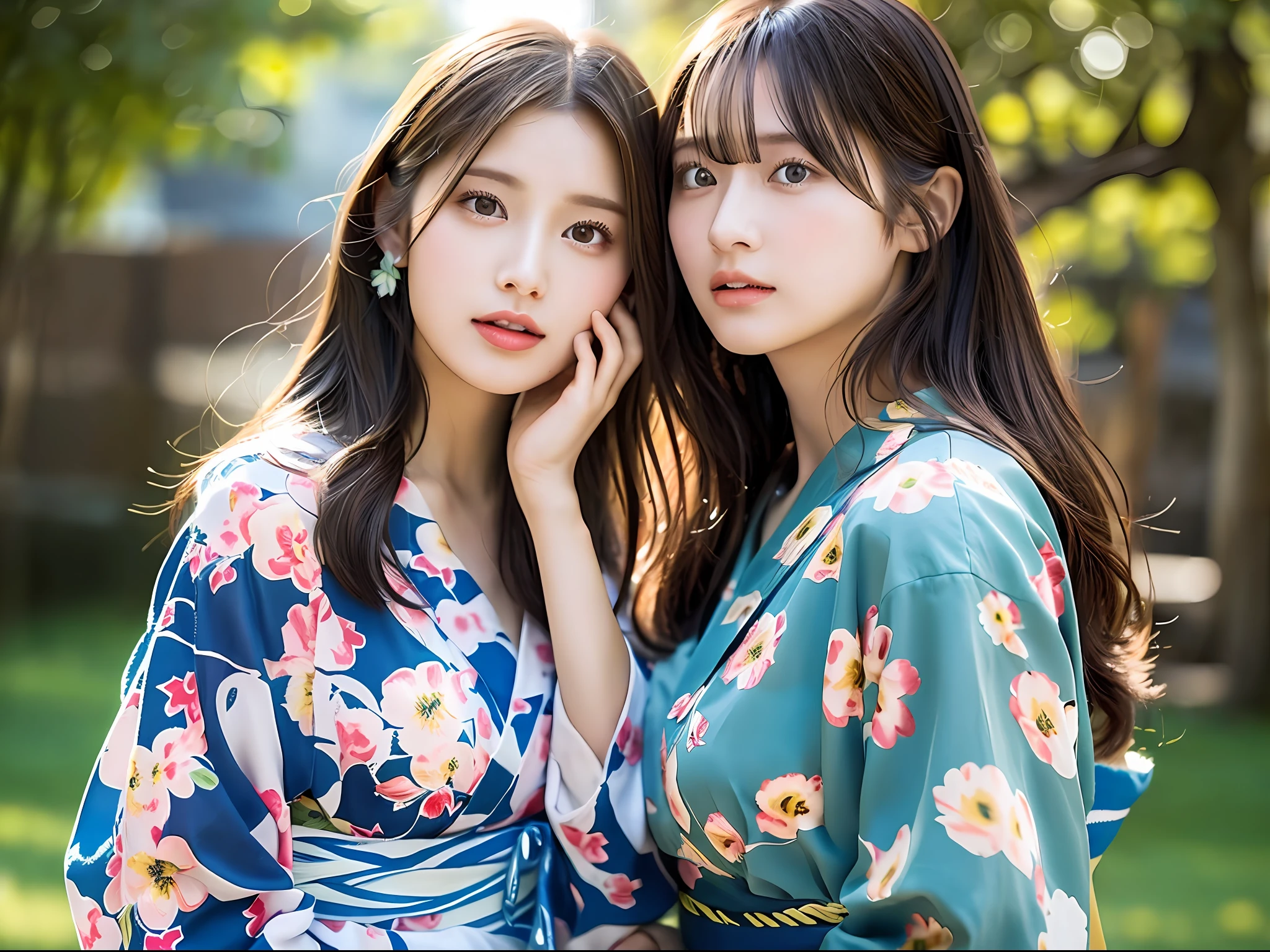 (8k、maximum quality、Master Pea:1.2)、(haired、_style)、(Realstic、pfotorealistic:1.37)、maximum quality、Master Pea、A photography studio bathed in the summer sun、simple back ground、[small tits]、[little chest]、Two models with different atmospheres、Position one of the two in a well-balanced perspective、1 photo、High Balance、Backlight、From the waist up、Camera angle with background facing up、Hands holding hair to ears、Shot in natural light from morning to noon、Hair arrangement and summer yukata style according to the trend of 2023、Three years for two Japan、Realstic、Realstic、super-detail、Beautiful facial features、10 generations、Actress、Half-Japanese and Russian models、Elaborate CG、Slender、charming、University students、lesbian、kissed、Long model and bob model for 3 years Japan、Hair fluttering in the wind、Delicate skin type、Hair with fine details and softness、The model's hair color is slightly lighter and softer、Gloss makeup、Yukata has a cute impression with gentle colors