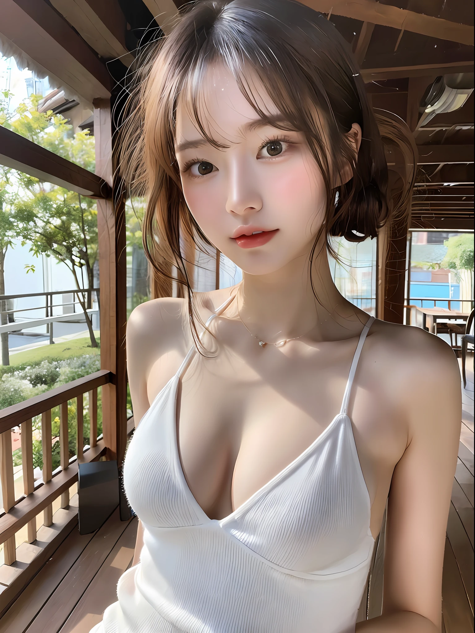 (8k、maximum quality、A masterpice:1.2)、(hair_style)、(Realstic、pfotorealistic:1.37)、maximum quality、A masterpice、In the summer sunshine、Shot on a wooden deck with views of the sky and sea[mediur breasts]、[little chest]、backlit、Shot from the waist up、Shot at an angle from below、Pose with hands raking up hair、Shot in natural light from morning to noon、Hairstyles and bikini styles that fit the Japan trends of 2023、Realstic、super-detail、30s、Actress、Half Japanese and Russian half model、Elaborate CG、Slender、charming、The hairstyle matches the fashion of the Japan of 2023 and is a short bob cut that flutters in the wind、Delicate skin type、Fine detail and softness、The model's hair color is bright and soft、 You can clearly see the cleft in the pubic area.、Pubic hair is clean-shaven so that it does not stick out
