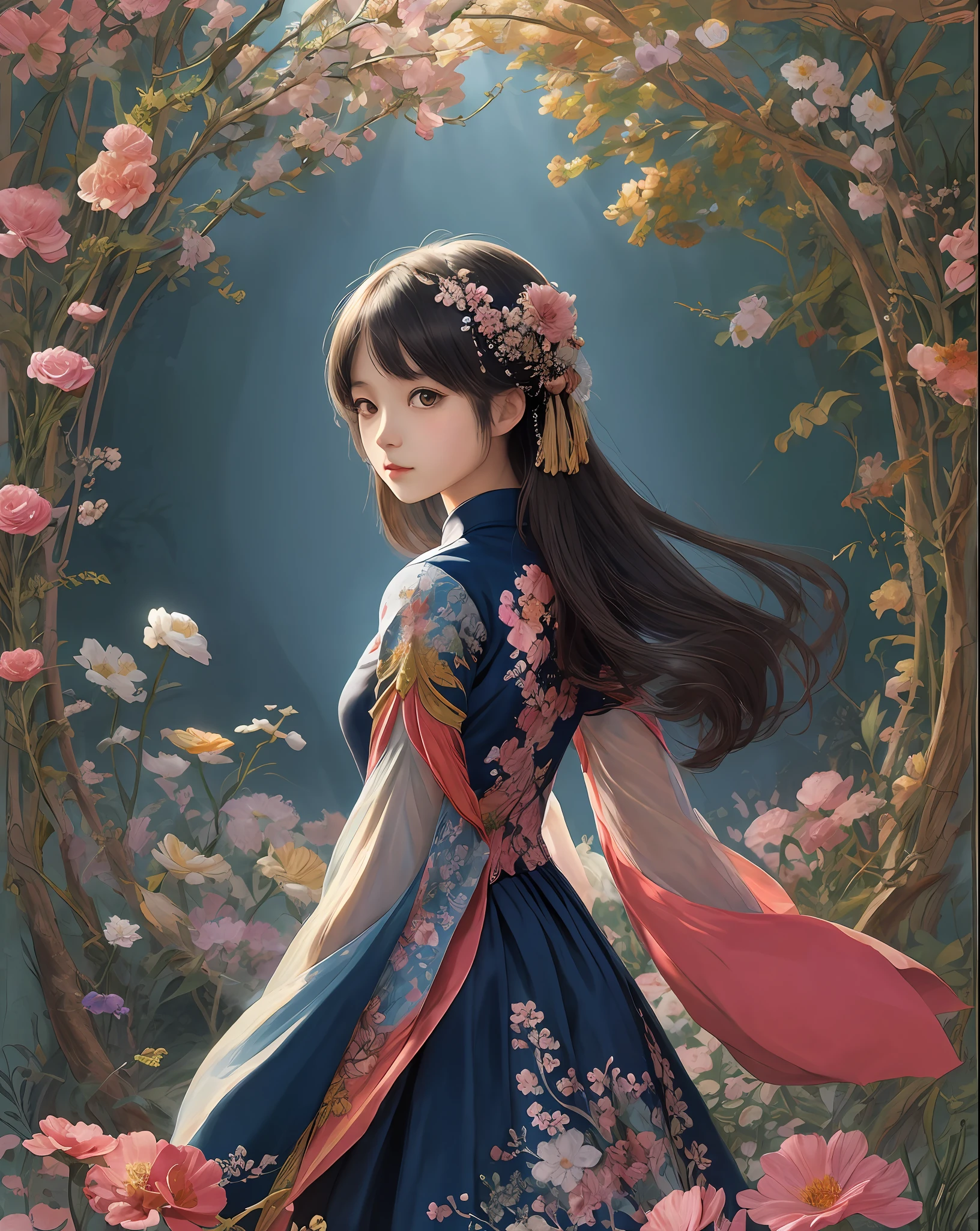 menera style, by Ernst Haeckel, exquisite illustration of a girl wearing flowers, anime, pixiv, kawaii girl, facing forward, masterpiece ,magichands, magichands,vietnamgirl
