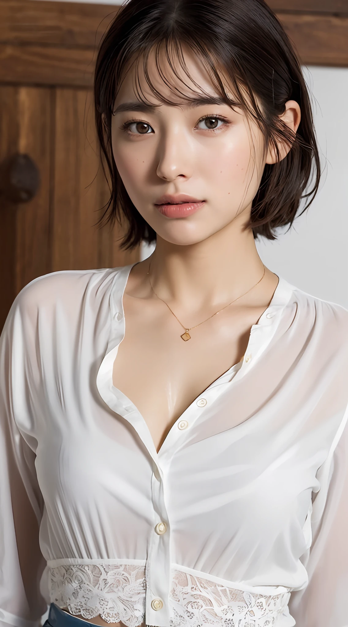 (8k、RAW Photography、最好的质量、masterece-piece:1.2)、ultra -detailed、Super Resolution、(Realstic、real photographic:1.37)、portlate、High Definition RAW Color Photography、Professional Photography、highly detailed and beautiful、extremly detailed、8K wallpapers、amazing detailed、huge filesize、Official Art、Highly detailed CG Unity 8k wallpapers、extremely detailed beautiful girl、very highly detailed face、olhos altamente detalhados、highlydetailed skin、extremely detailed fingers、extremely detailed nose、Highly detailed detailed mouth、Perfect Anatomy、detailed back ground、Detailed clothing、女の子1人、(20:1.2)、age 20s、A pretty girl、Realistic body、short、White Skin Skin、shining skin、Slim body、black hair、short-hair、(blunt bangs: 1.2)、smile on face、kawaii、zora々Right、pretty face、lifelike face、Delicate eyes、Sauce order、((Extra large white shirt for men、Buttoned shirt、Fully open shirt))、((White lace panties))、((hotsprings))、((body soaking wet))、((Wet and see-through shirt))、((Sad look))、(((A full body shot)))、See-through through、neckless、耳环、Looking at the camera、cow-boy shot、Contrapo、dynamic lighting、CCup milk、