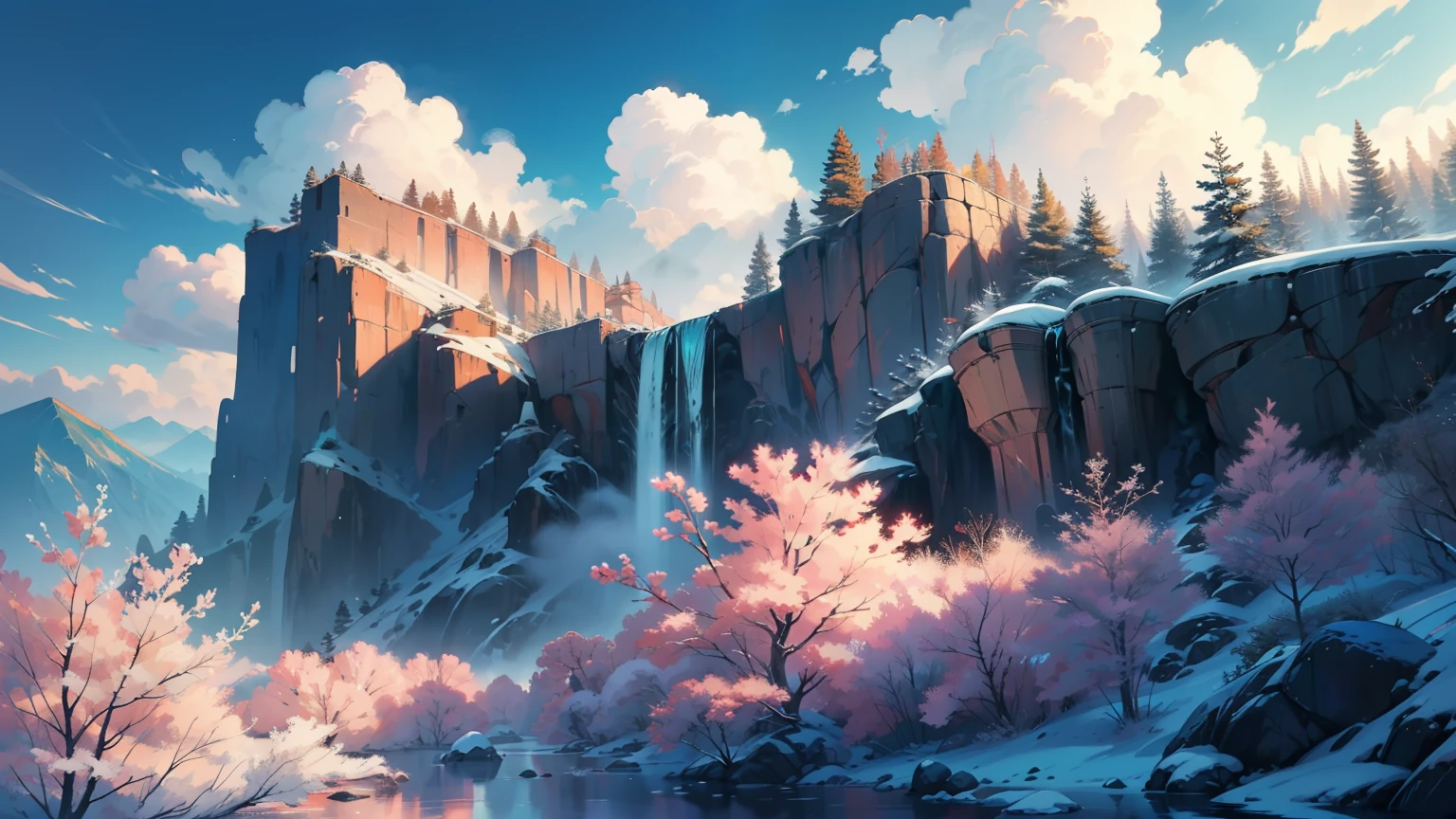 In front of the largest cave，The cave door is herringbone，The cliff outside the cave gate is inscribed with the words "High mountains and flowing water，Divine Spring Purun" Eight big words，A waterfall cascades from the top of the mountain to cover the cave gate，There are many fruit trees planted outside the cave gate，Ancient wind，In the background is a large mountain with dense trees，Beautiful CG quality，Clear and detailed description，Hearty shots，Rich and superb local details，Intoxicating light and shadow effects，Beautiful and beautiful overall atmosphere