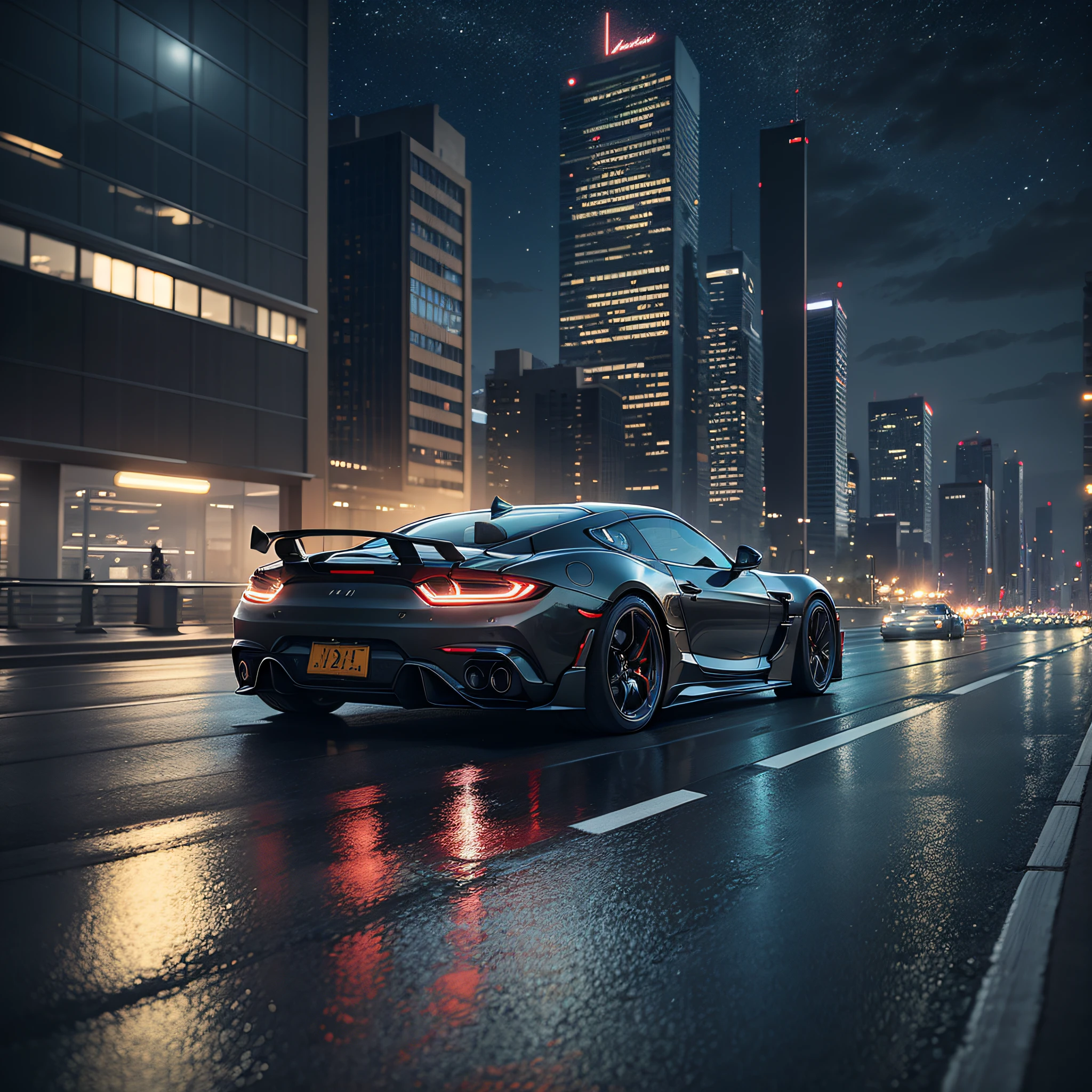 ((巨作,Best quality)),Ultra-detailed, 4K, high resolucion, Cinematic, widebody sports car, Vehicle focus, City, Neon lights, skyscraper, --auto