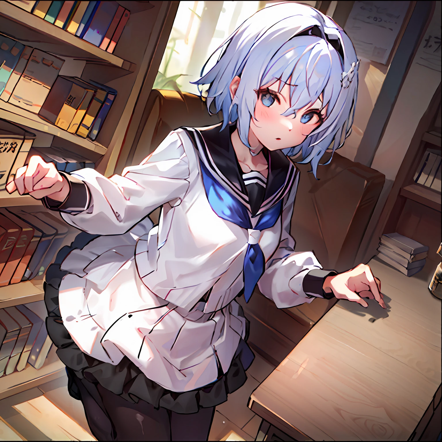 Depth of field、in focus、1girls、shcool uniform、serafuku、pov、blury_censorship、blue eyed、hairtie、lacepantyhose、Hair_between_Eyes、Black_legwear、foreshortening、color difference、long sleeves、Eyebrows visible through the hair、short-cut hair、An expression of disgust,(Speaking heart:1.4),Hair bangs,hair ornament,skirts,Shirt masterpiece,The best quality,