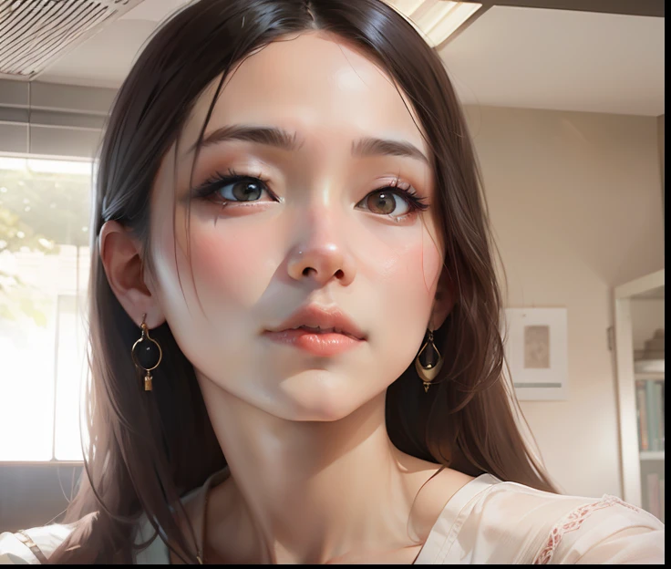 a close up of a woman with long hair and earrings, ruan jia beautiful!, she has a distant expression, inspired by Sim Sa-jeong, Realistic. Cheng Yi, cute korean actress, , she has a cute expressive face,Charm --auto