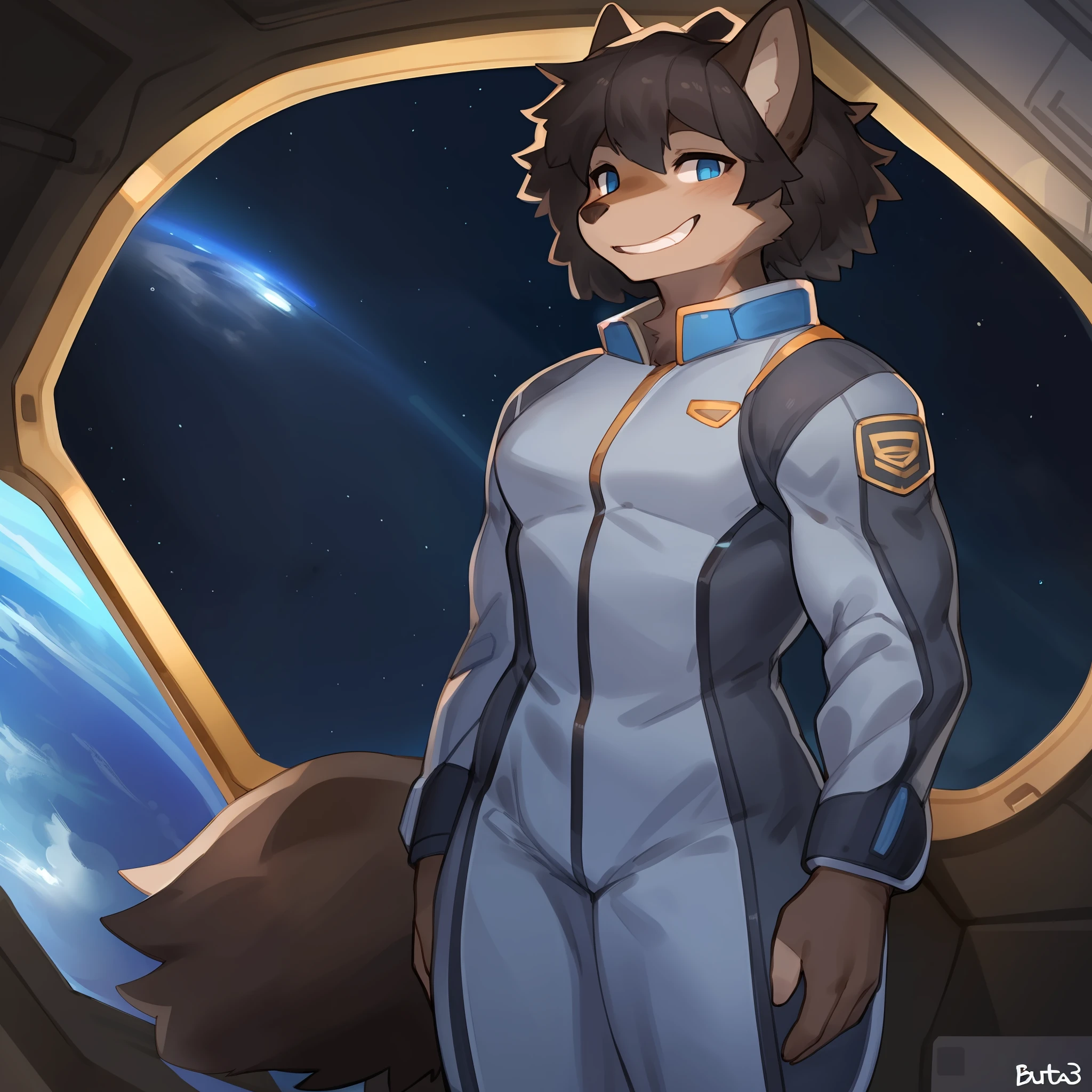 Female, solo, soldier, grey uniform, smiling, standing, by bebebebebe, by buta99, sci fi, greyblue bodysuit, hair, spaceship, space, window, canine, dark brown body, all brown face, dark brown fur, plain fur, no secondary fur color, plain fur, blue eyes, black hair, afro, detailed eyes, muscular, large biceps, happy, white teeth,