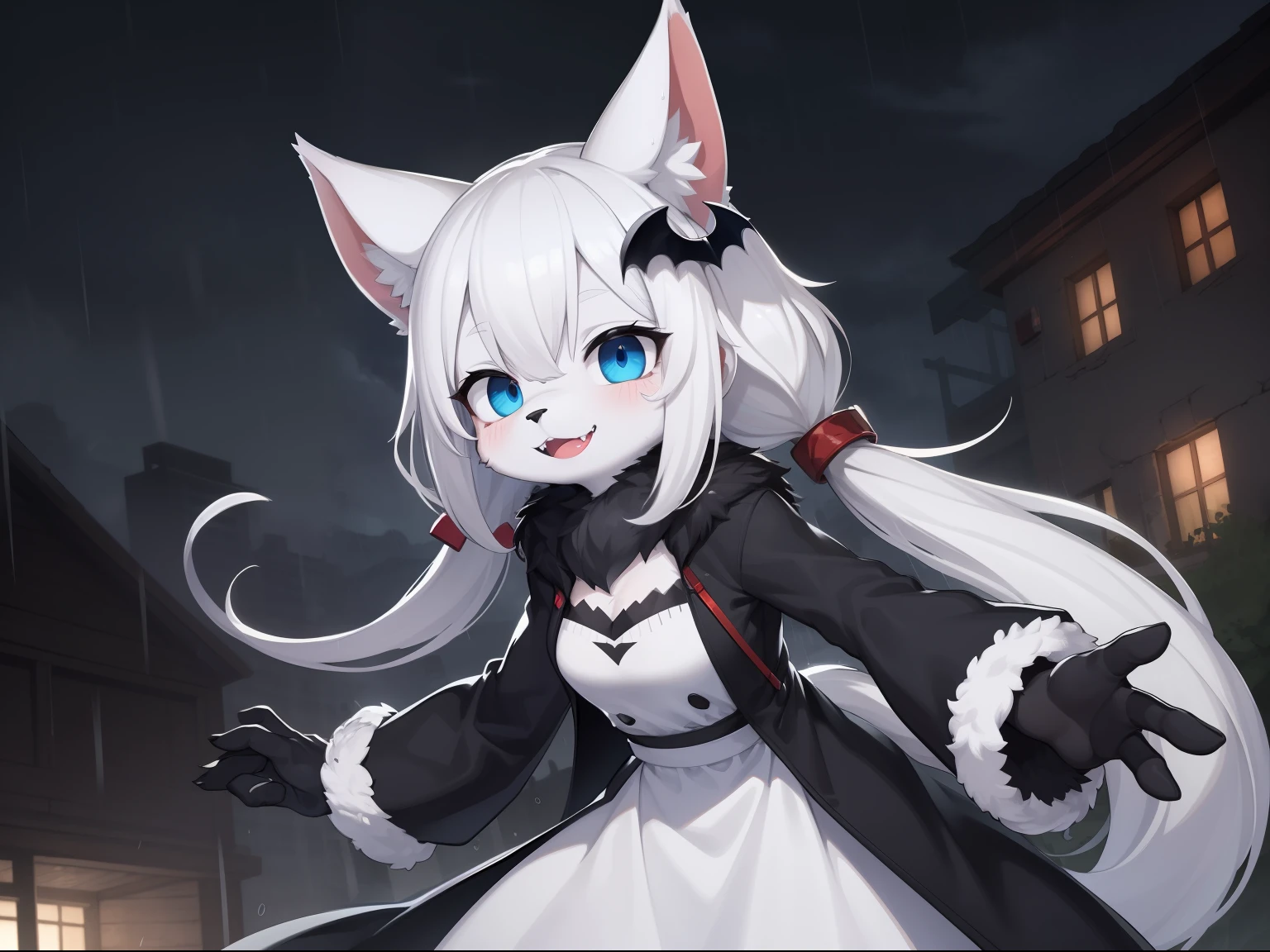 Cat Girl,was hairy,shaggy,Skin fur,White fur,Forelimb hands,hair splayed out,White ears,White face fur,White hair, hair splayed out, Shiny hair,Long hair,Hairline,lowtwintails,Blue eyes,Super cute face,Empty eyes,Crazy smile, Fangs,dagger,bat hair ornament,White dress,Ambient light,Ultra-fine fur,volumettic light,dashed eyes, bangs, light and darkcontrast, ultra high def, 巨作, Super detail,Ruins background,crow,Night,starry light,Under the rain,In the rain,Drizzle,Wet with rain,rainy outside,blood, blood_On_clothes, blood_stain,High quality, ultra high def, high resolucion, Anatomically correct